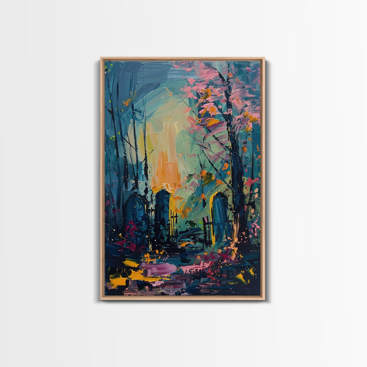 Haunted Forest Graveyard Framed Canvas Print, Spooky Cemetery Art, Halloween, Eerie Graveyard Decor, Gothic Artwork, Framed Canvas Print