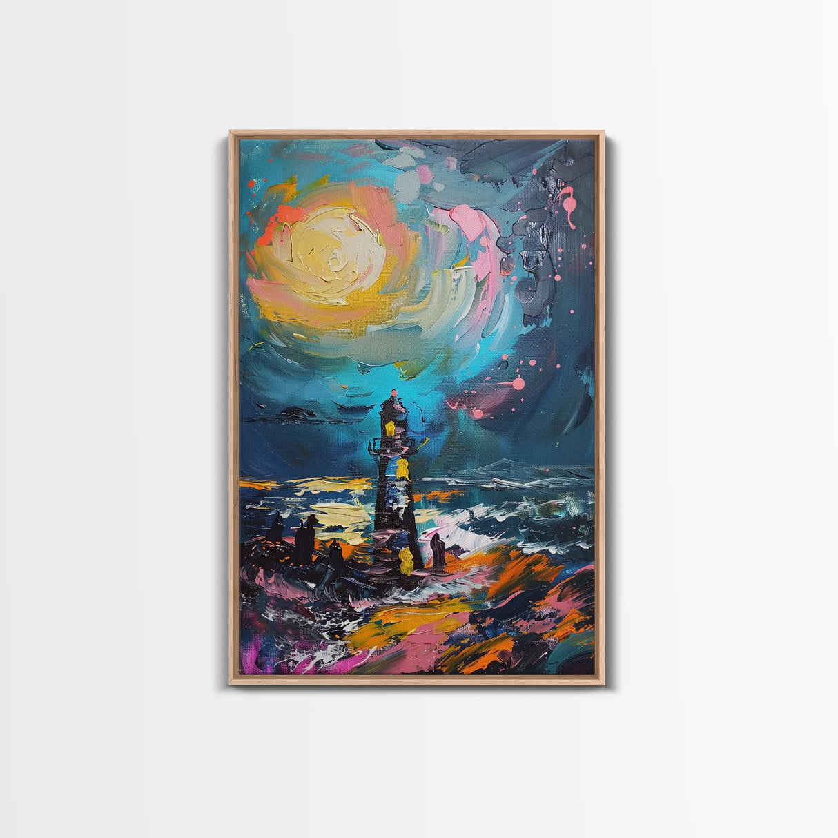 Moonlit Lighthouse Framed Canvas Print, Halloween Wall Art, Haunted Lighthouse Art, Spooky Night Decor Ocean Horror Art Halloween Home Decor