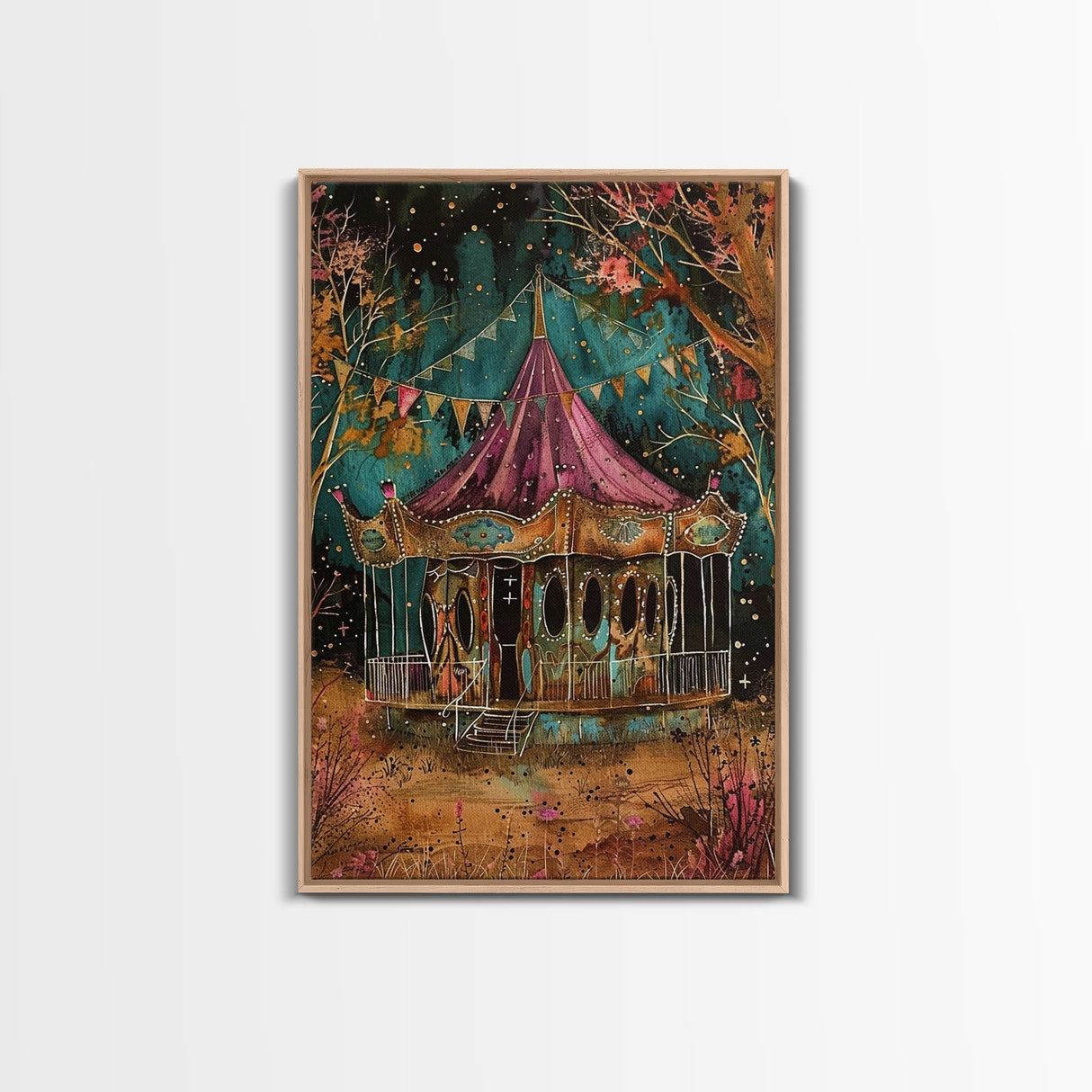 Nighttime Haunted Forest Path Framed Canvas Print, Halloween Wall Art, Spooky Home Decor, Eerie Artwork, Ghostly Path Decoration