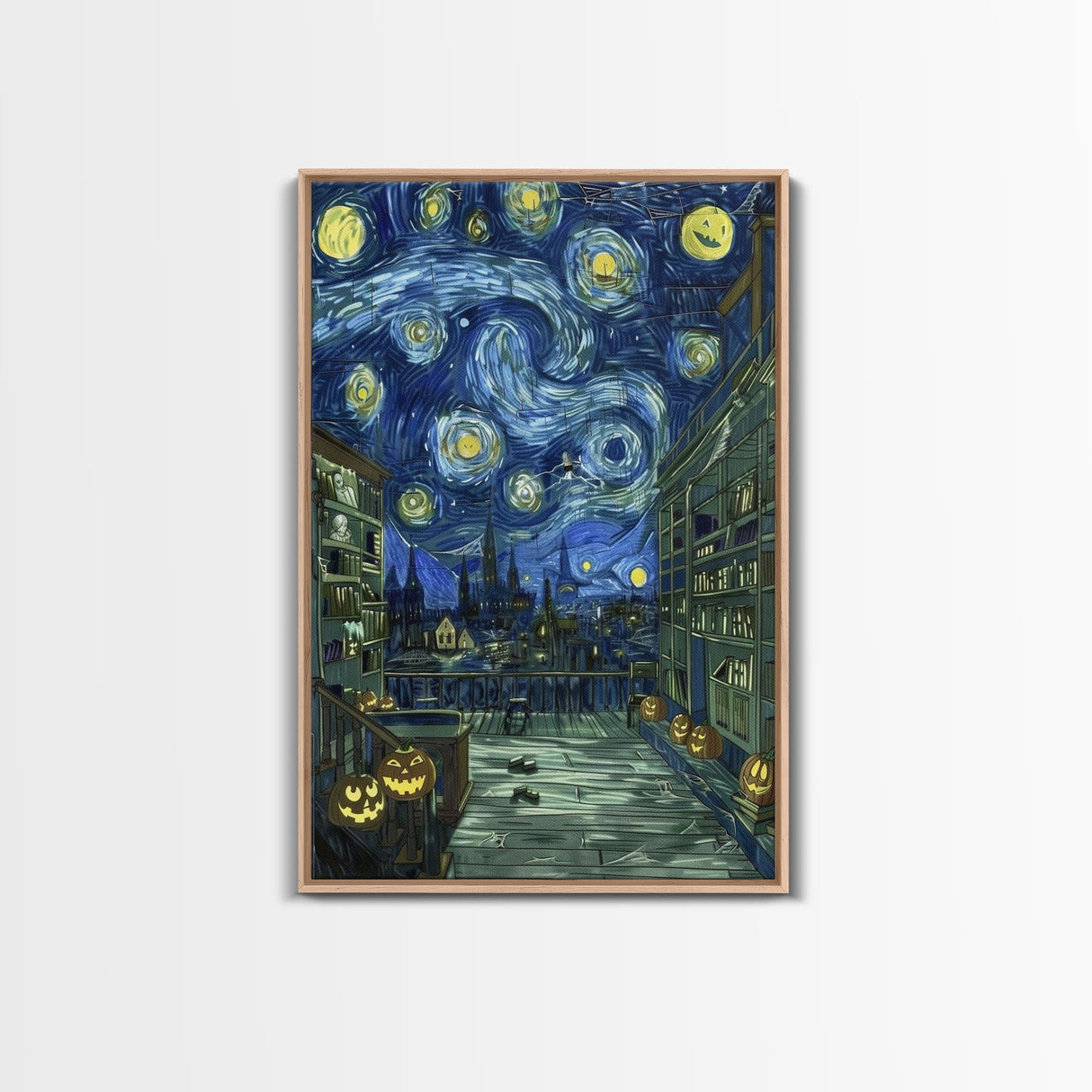 Spooky Night Train Arrival Framed Canvas Print, Halloween Wall Art, Haunted Train Artwork, Eerie Station Decor, Ghostly Home Art