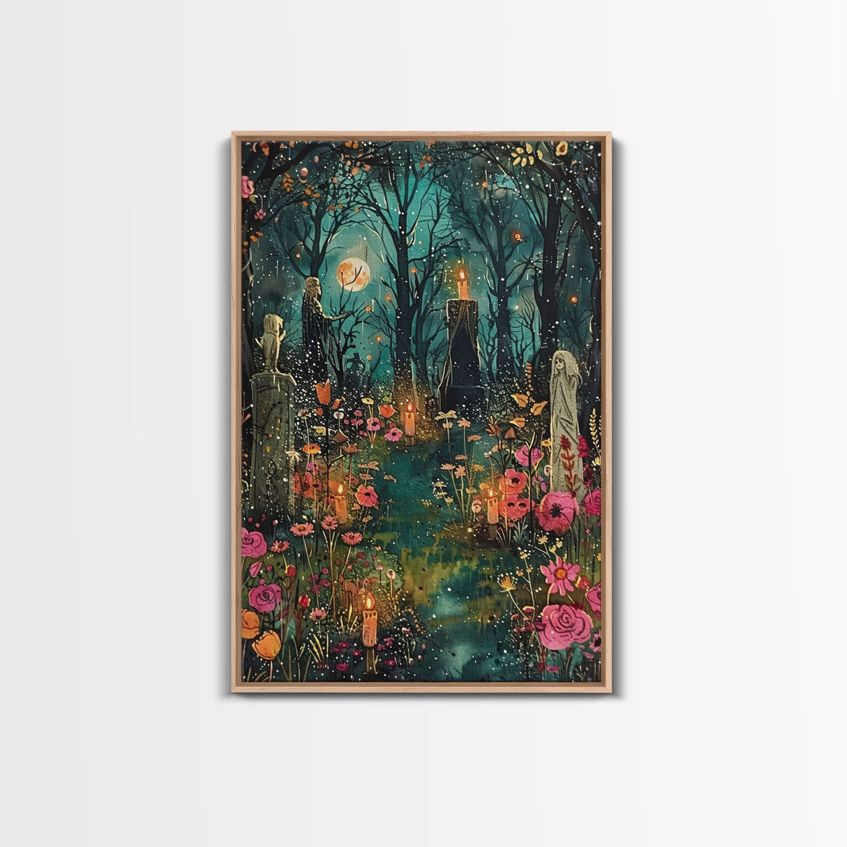 Haunted Graveyard with Flowers Framed Canvas Print, Wall Art, Halloween Cemetery Art, Spooky Home Decor, Ghostly Garden Painting