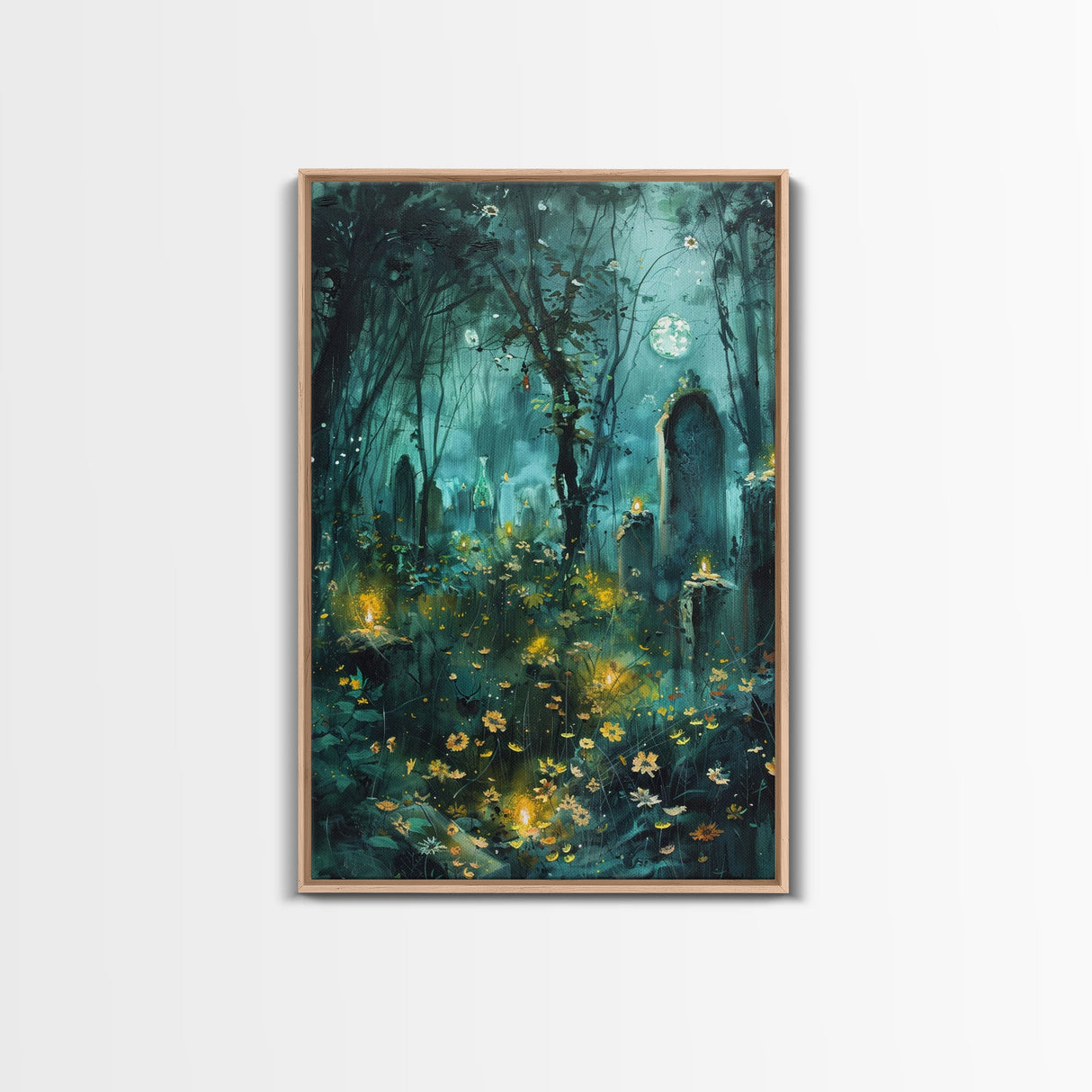 Haunted Forest Cemetery Framed Canvas Print, Wall Art, Spooky Graveyard Art, Eerie Home Decor Halloween Forest Painting Halloween Decoration