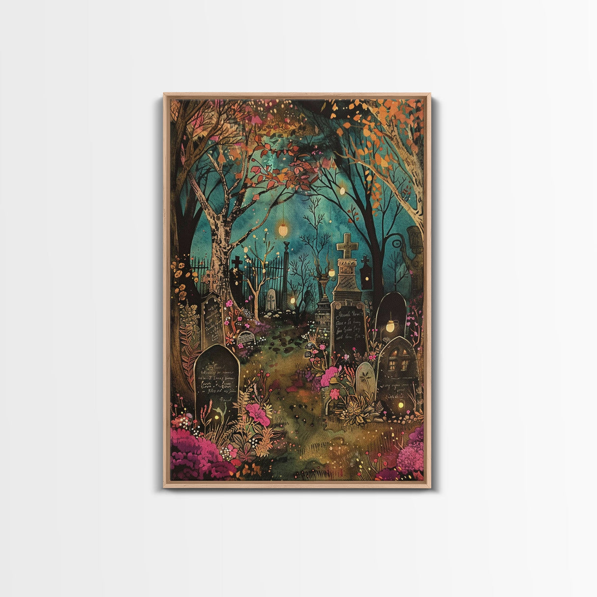 Gate to Haunted Cemetery Framed Canvas Print, Wall Art, Spooky Graveyard Art, Eerie Home Decor, Halloween Forest Painting, Spooky Graveyard