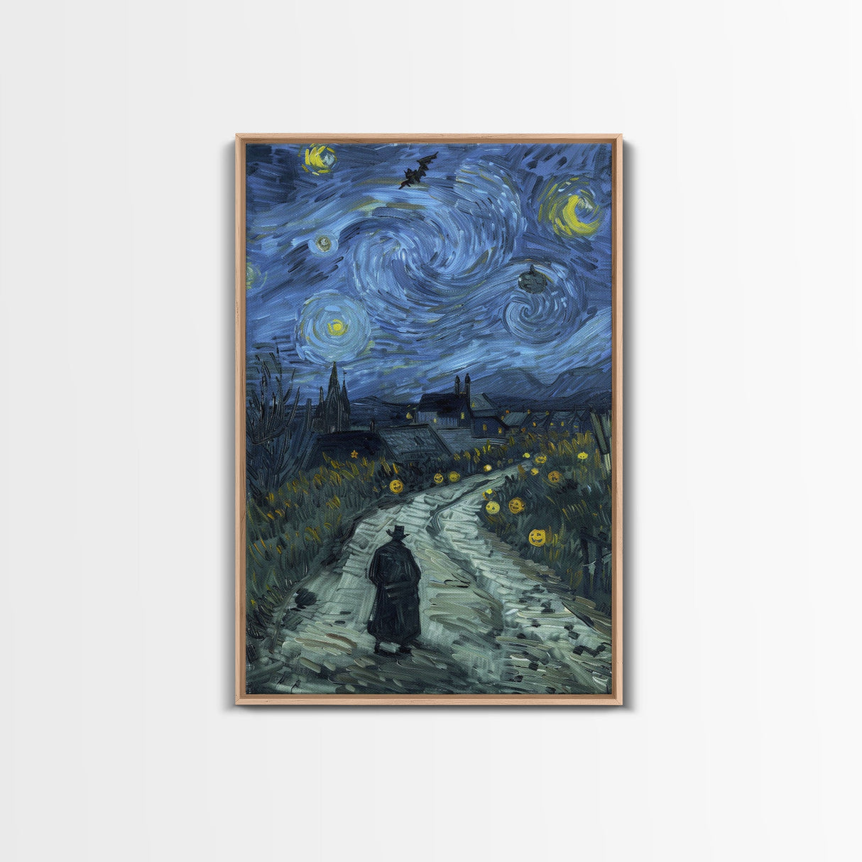 Haunted Road with Jack-O-Lanterns Framed Canvas Print, Halloween Wall Art, Starry Night Inspired, Home Decor, Spooky Art, Living Room Decor