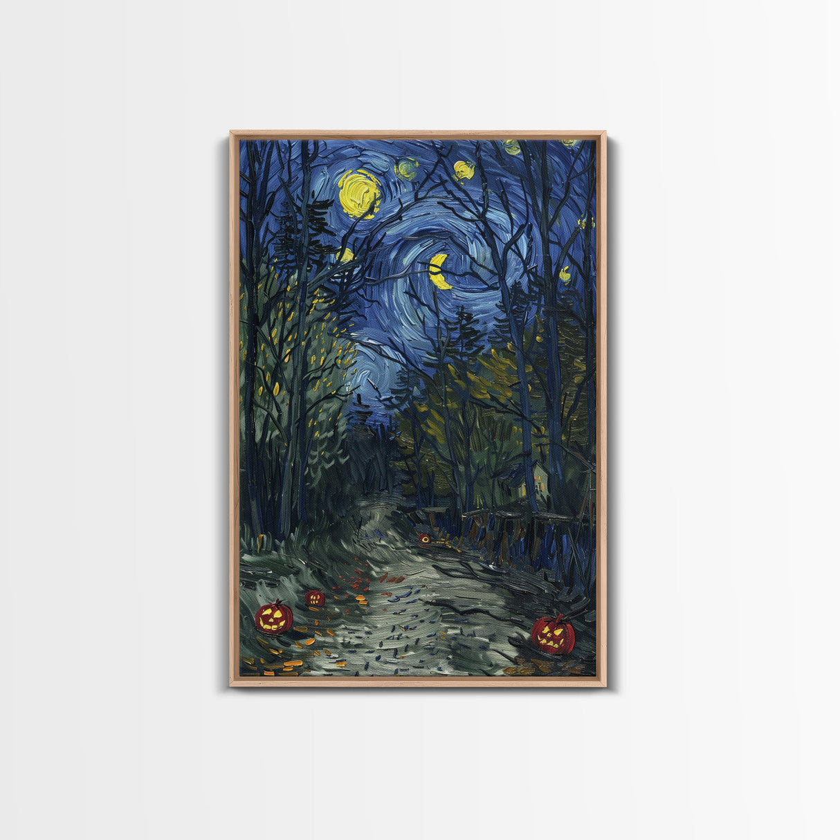 Dark Forest Path with Pumpkins Framed Canvas Print, Halloween Wall Art, Starry Night Inspired, Home Decor, Spooky Art, Living Room Decor
