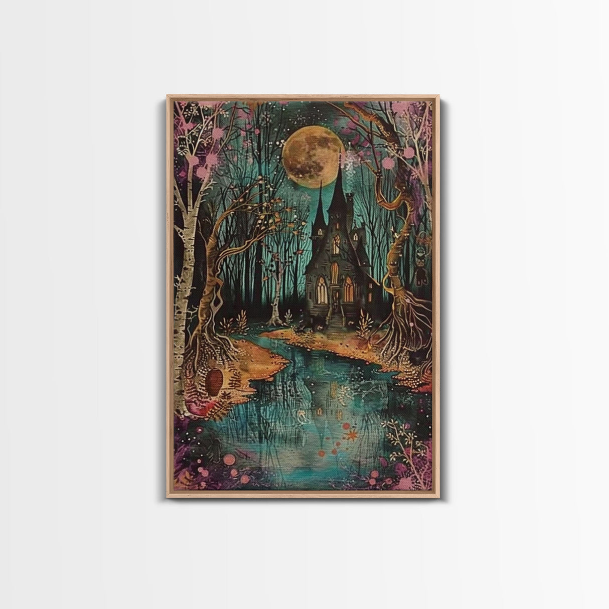 Haunted Castle by the Lake Framed Canvas Print, Halloween Wall Art, Spooky Art, Home Decor, Living Room Decor, Gothic Artwork, Creepy Castle