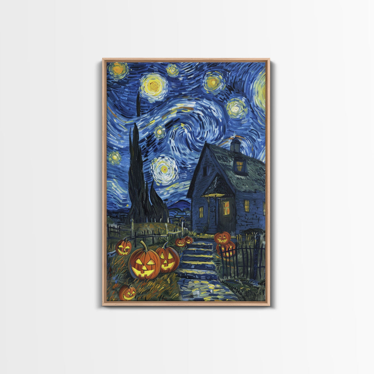 Spooky Starry Night with Jack-O-Lanterns Framed Canvas Print, Halloween Wall Art, Starry Night Inspired, Home Decor, Spooky Art, Living Room