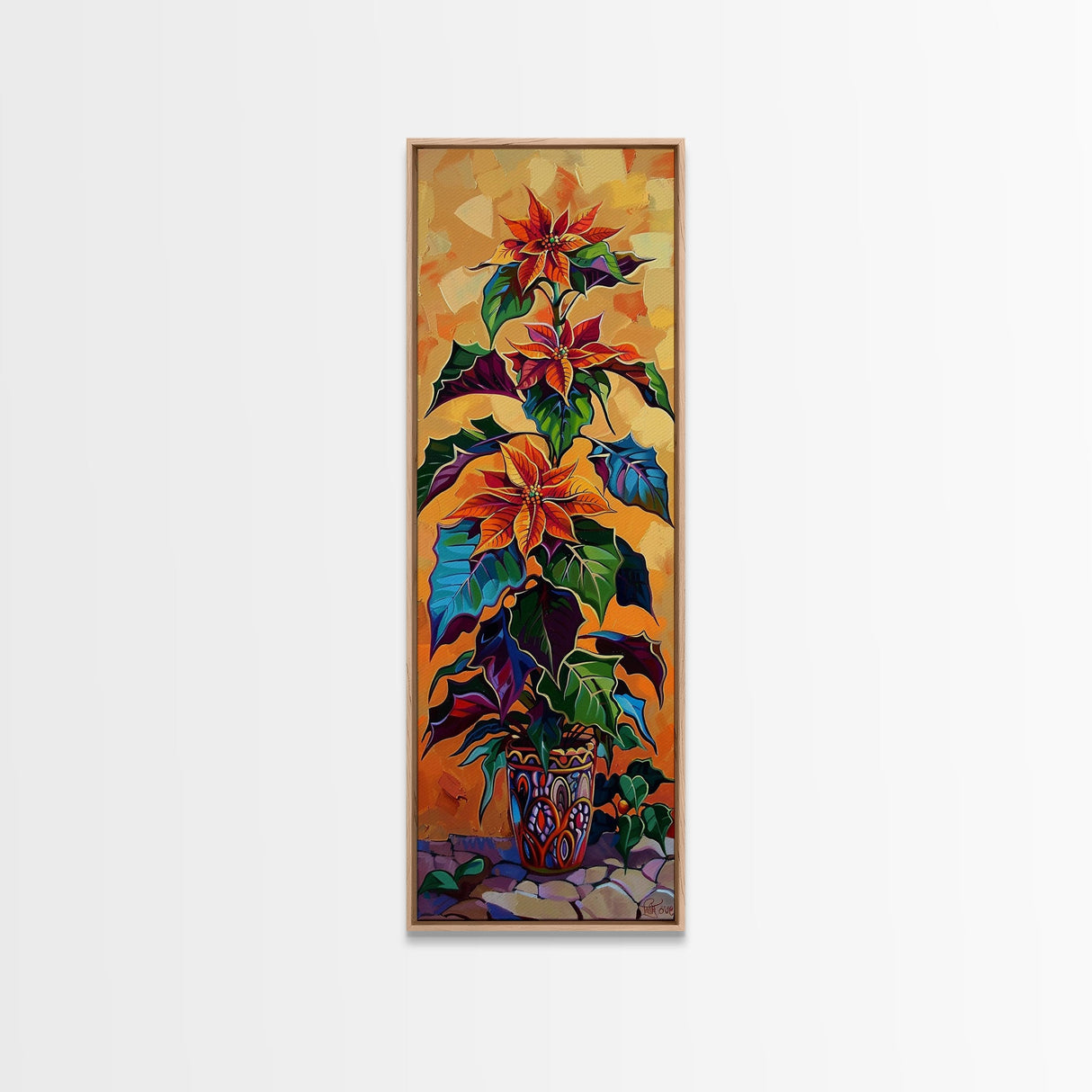 Oversized Spanish Style Poinsettia Canvas Painting Framed and Printed, Botanical Wall Art, Textured Canvas Painting, Vertical Framed Art