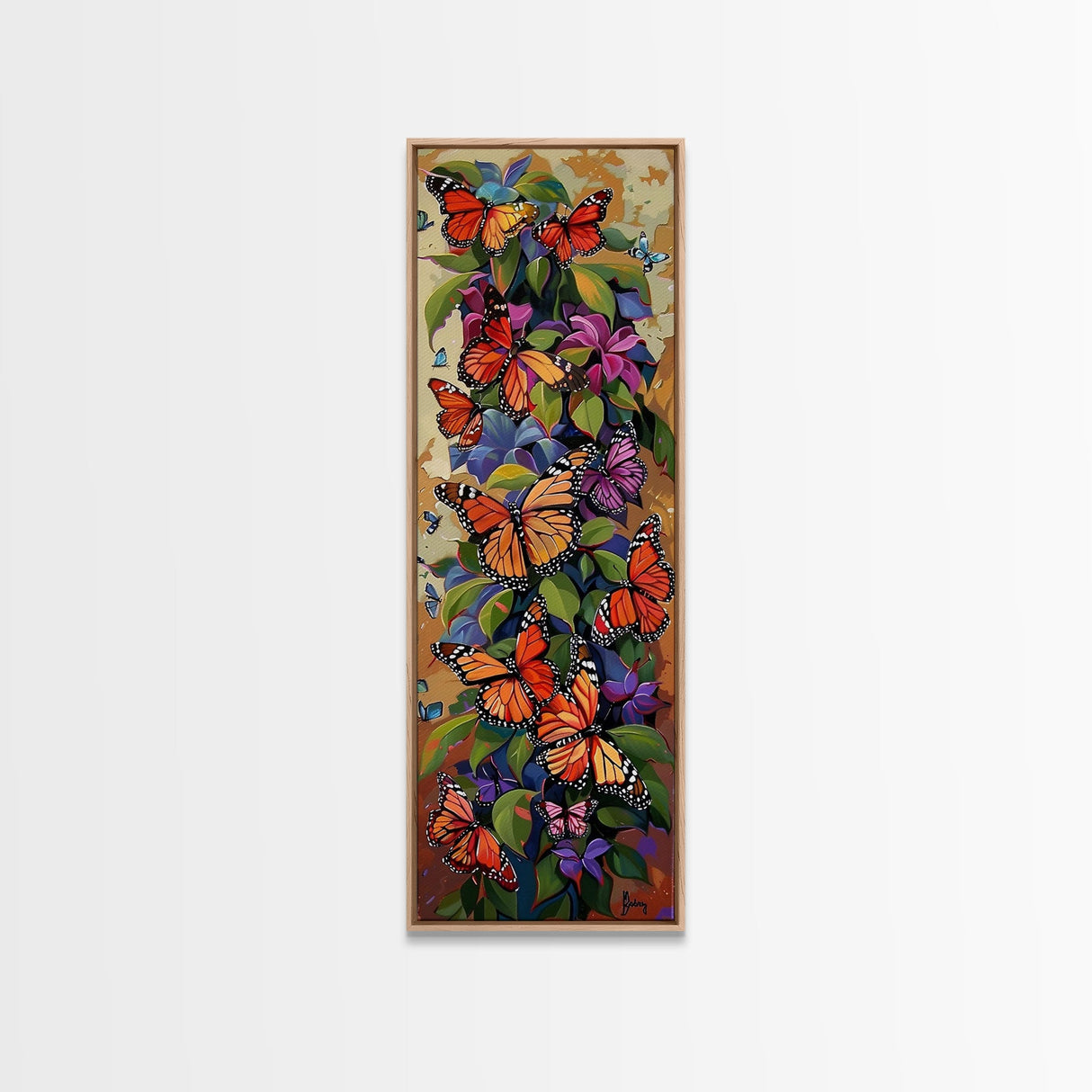 Colorful Butterfly Vertical Framed Canvas Oil Painting, Abstract Botanical Wall Art, Gouache Style Painted Art, Housewarming Gift for Her