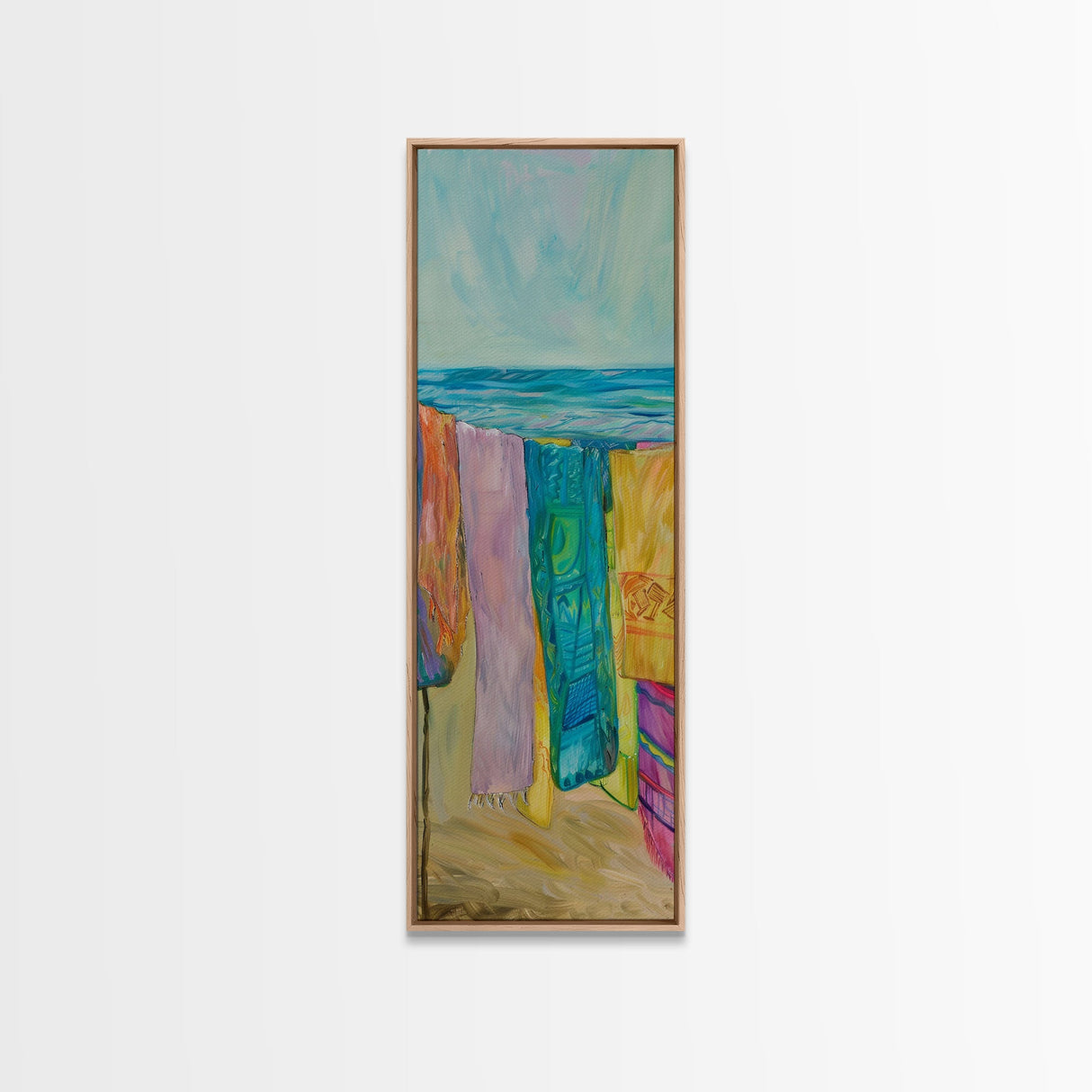 Colorful Laundry on Beach Landscape Art Print, Vertical Oversized Living Room Canvas Print Framed, Framed Wall Art for Laundry Room