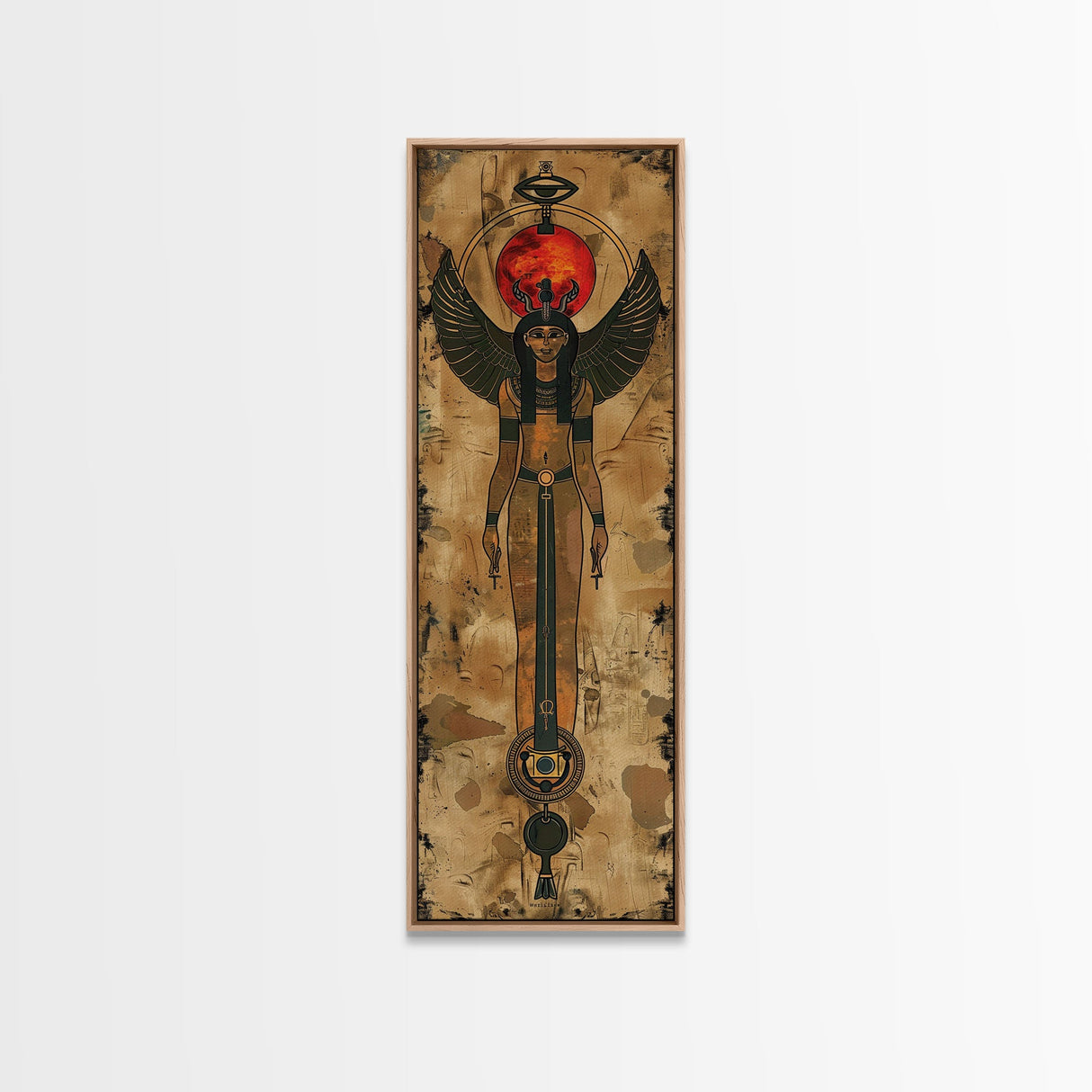 Egyptian Art Depiction of Goddess Isis - Framed Canvas Print, Midcentury Modern Wall Art, Skinny Art, Tall Art, Living Room Decor