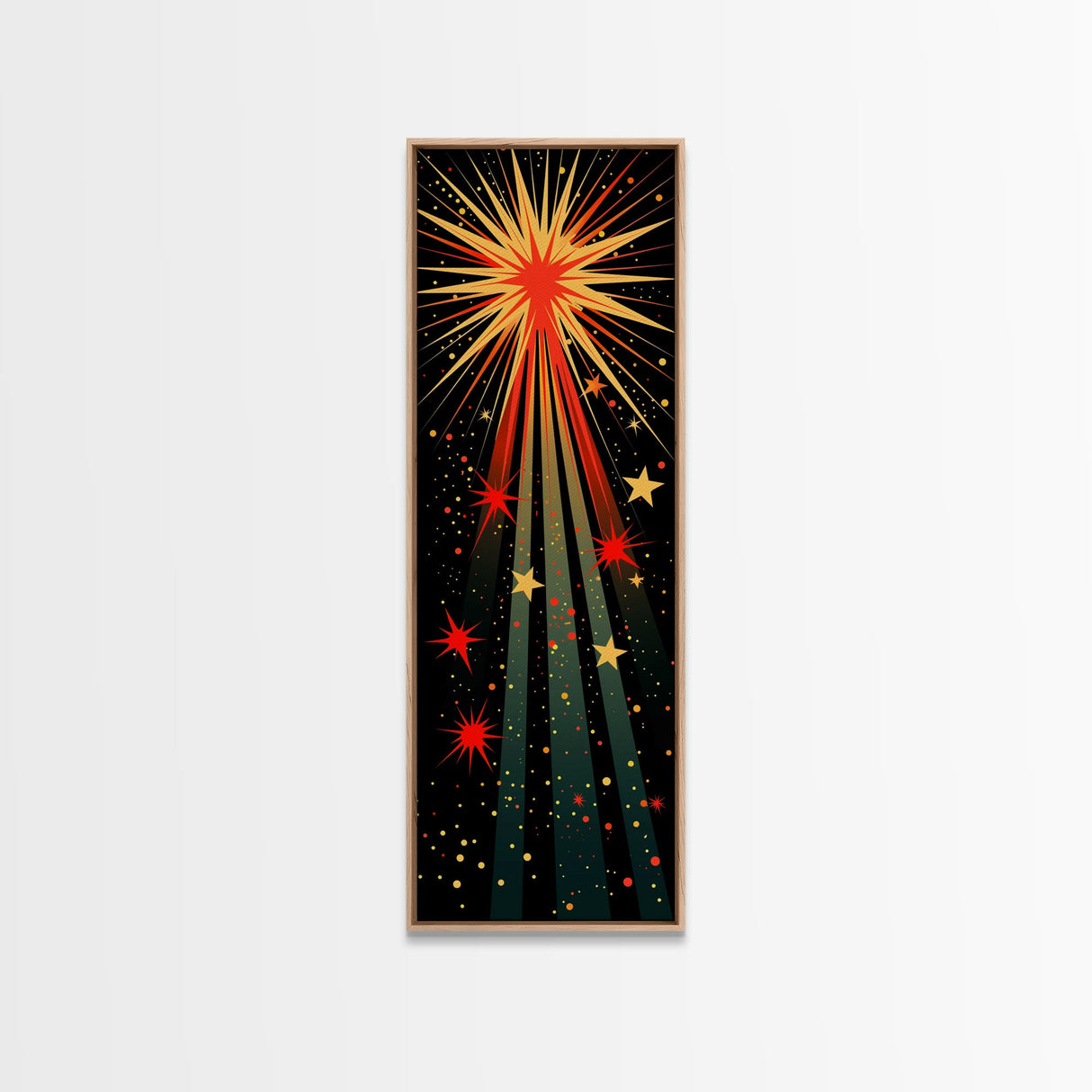 Starburst Explosion on Black Background - Framed Canvas Print, Boho Art, Midcentury Modern, Skinny Art, Tall Art, Bedroom Wall Art, Minimalist Art