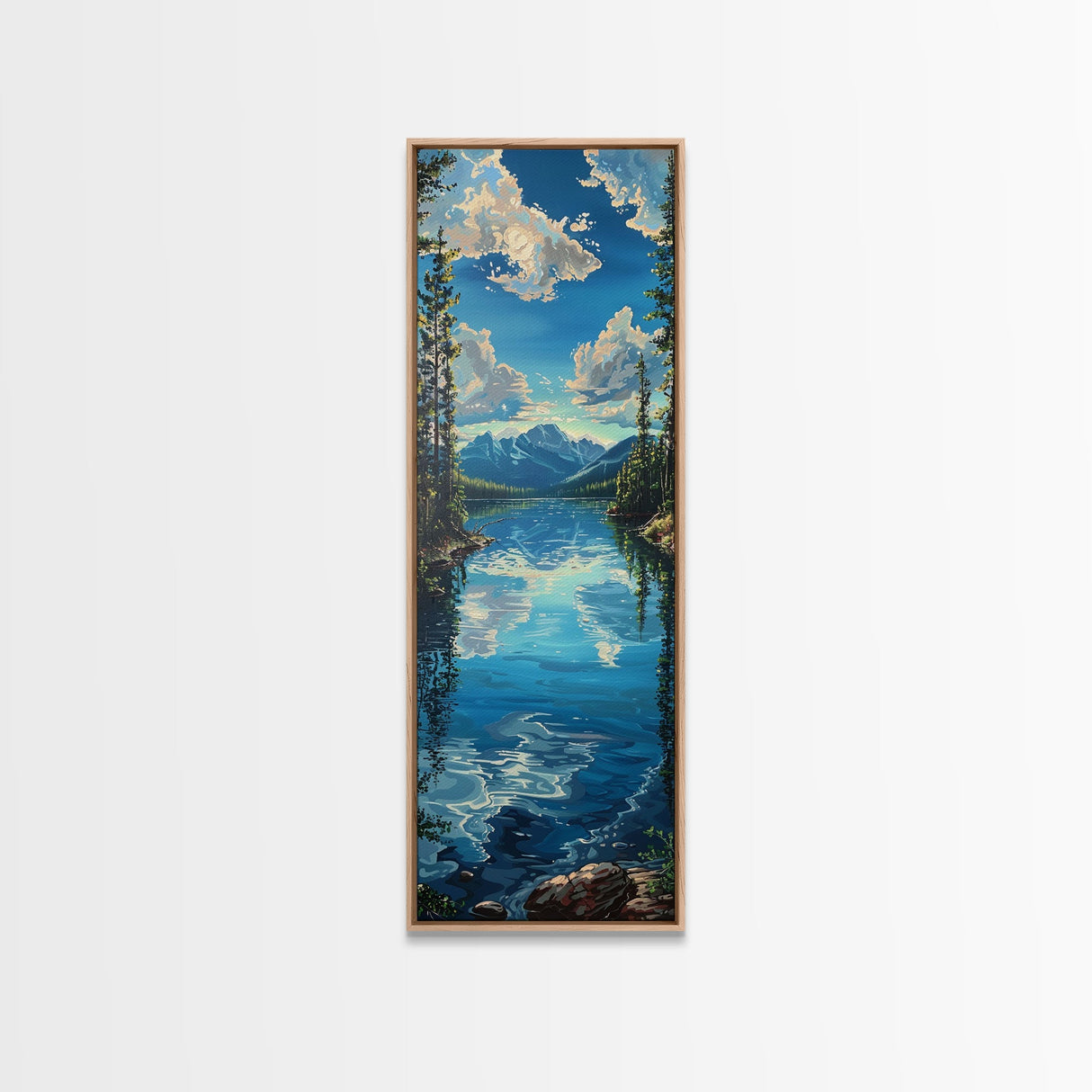 Framed Canvas Print Skinny Art of a Clear Lake Surrounded by Pine Trees with Majestic Mountains in the Distance Under a Blue Sky, Ideal Tall Landscape Art