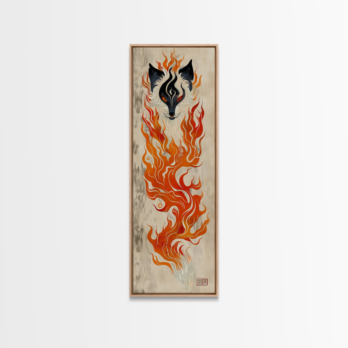 Fiery Kitsune Spirit Skinny Art Tall Art Japanese Ukiyo-e Inspired Mythical Creature Framed Canvas Print