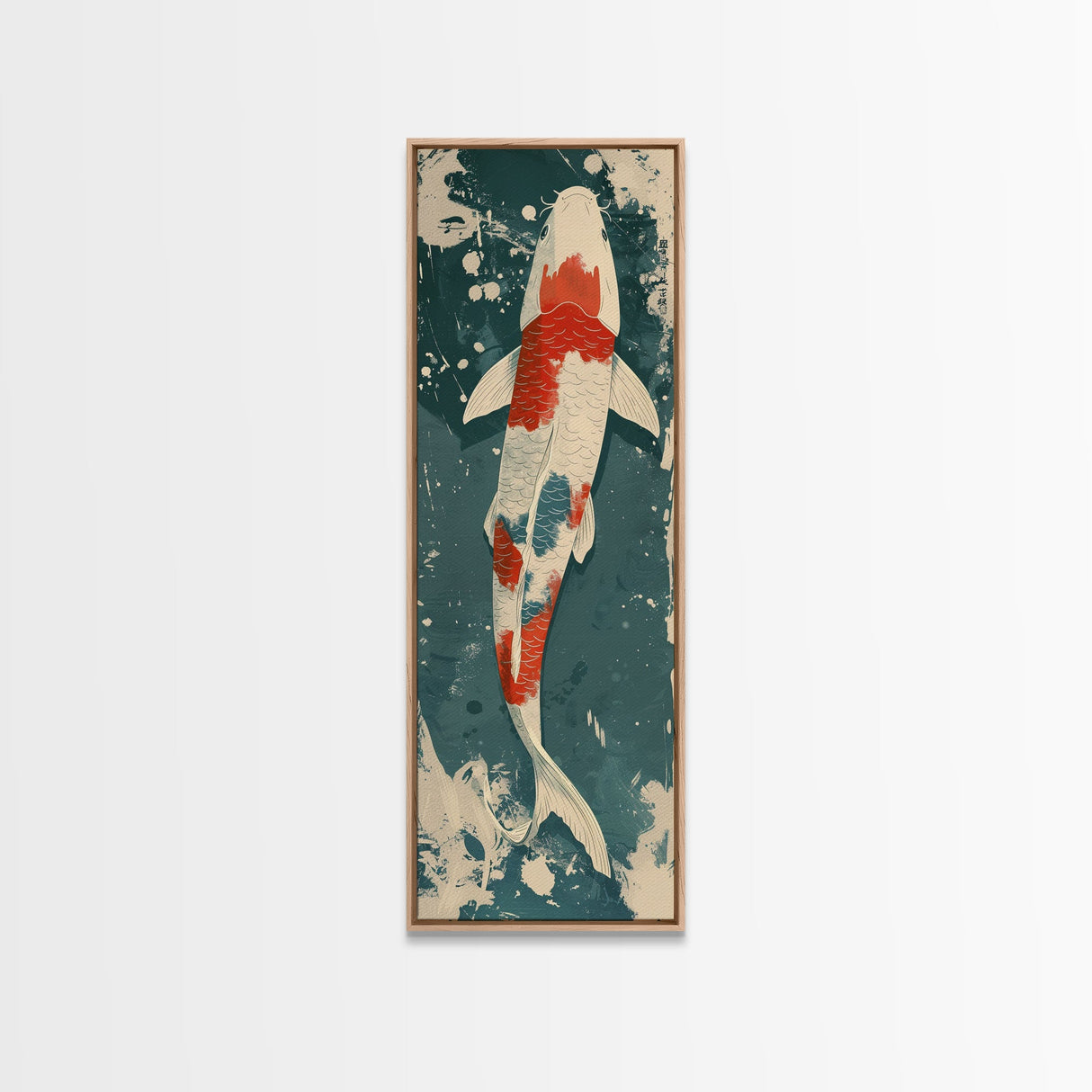 Serene Koi Fish Swimming in Deep Blue Water with Red Accents on Tall Vertical Japanese-Inspired Canvas Print