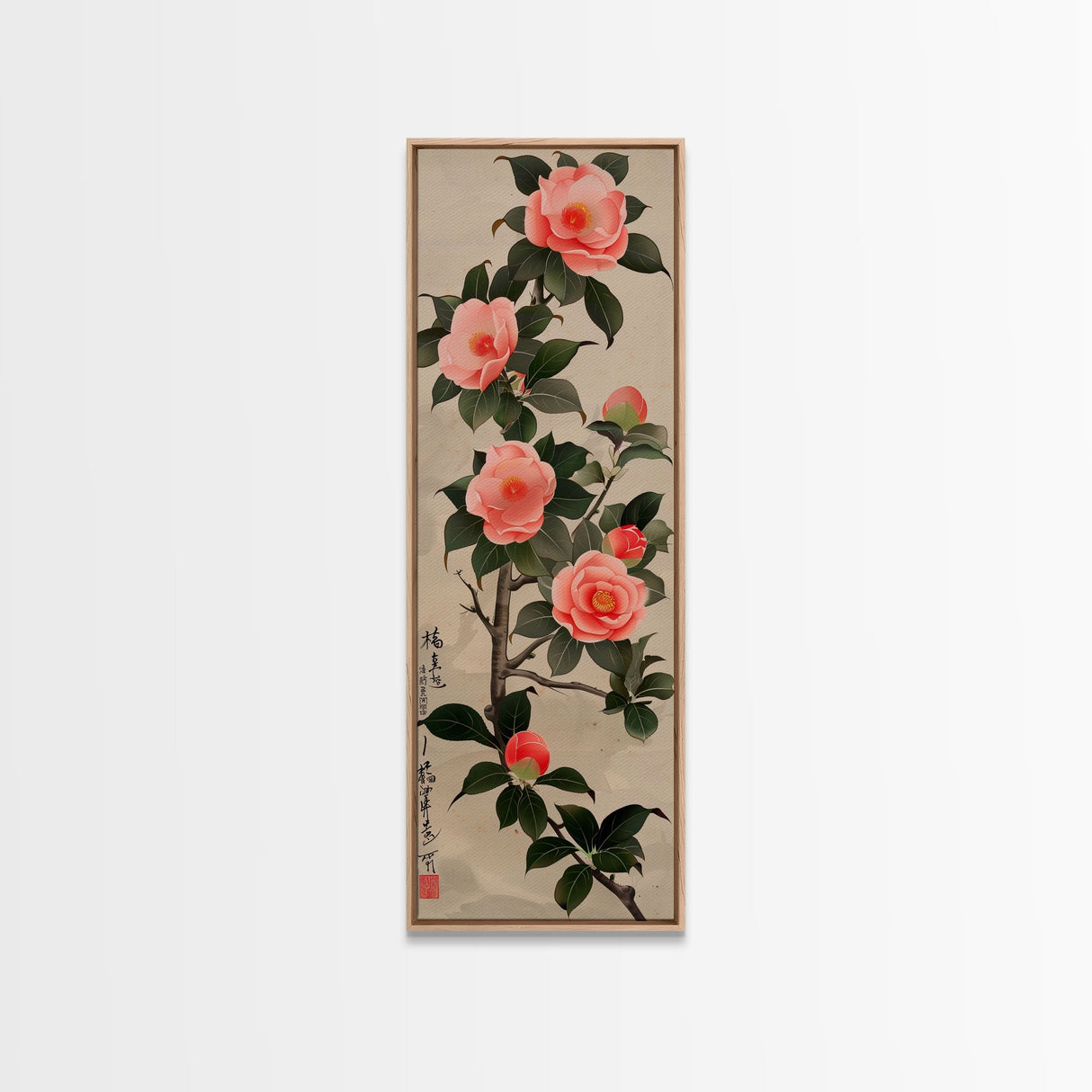 Framed Canvas Print Of Japanese Floral Art With Camellia Blossoms And Detailed Leaves Ready To Hang Traditional Japanese Wall Art Decor
