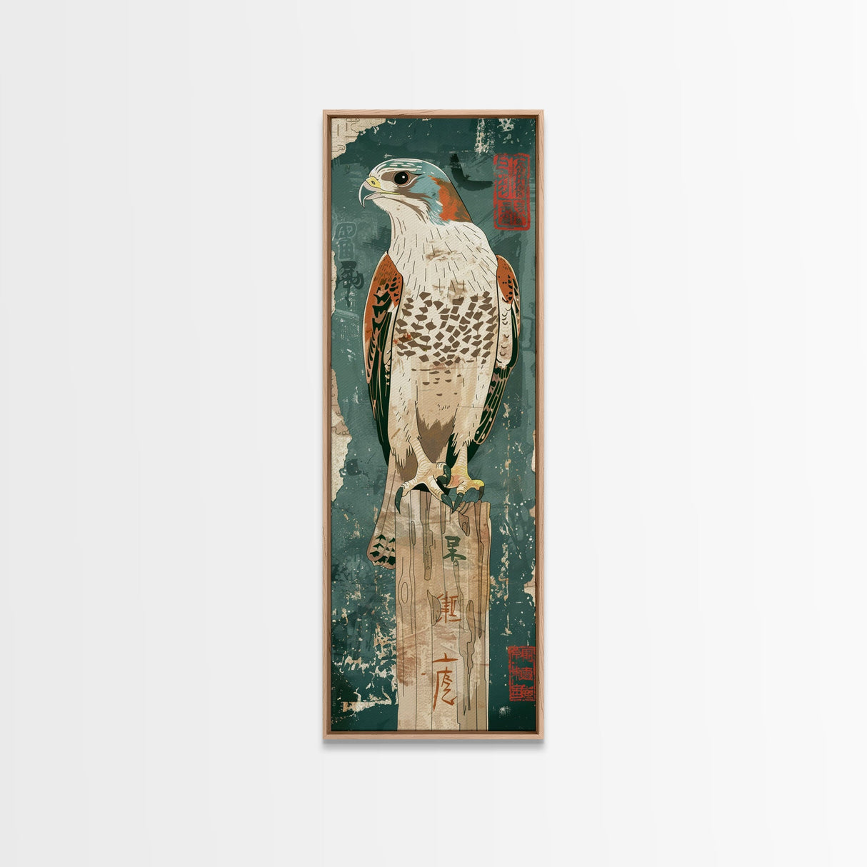 Majestic Hawk Perched On Weathered Stump Textured Background Skinny Art Tall Art Framed Canvas Print Japanese Style Art Ukiyo-e Art Wood Block Print