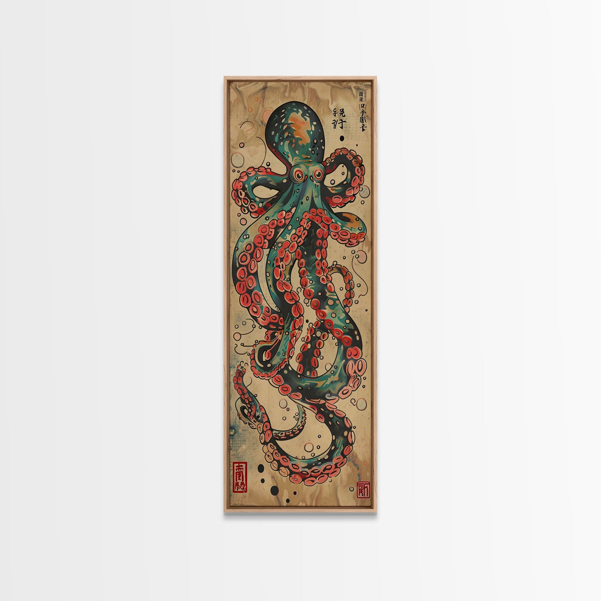 Vintage Canvas Print With Vibrant Octopus Design Ukiyo-e Wall Art Wood Block Print Tall Art Japanese Style Skinny Art