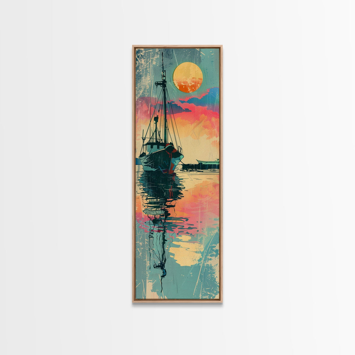 Fishing Boat Reflecting in Water with Vibrant Sunset, Japanese Art-Inspired Tall Framed Canvas Print for Wall Art