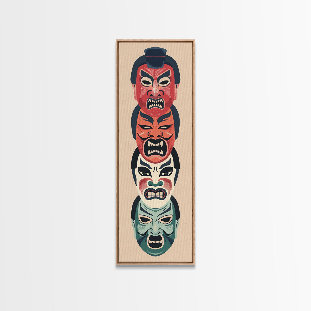Bold Striking Japanese Kabuki Masks Vibrant Colors Depicted Traditional Style Tall Framed Canvas Print Cultural Home Decor