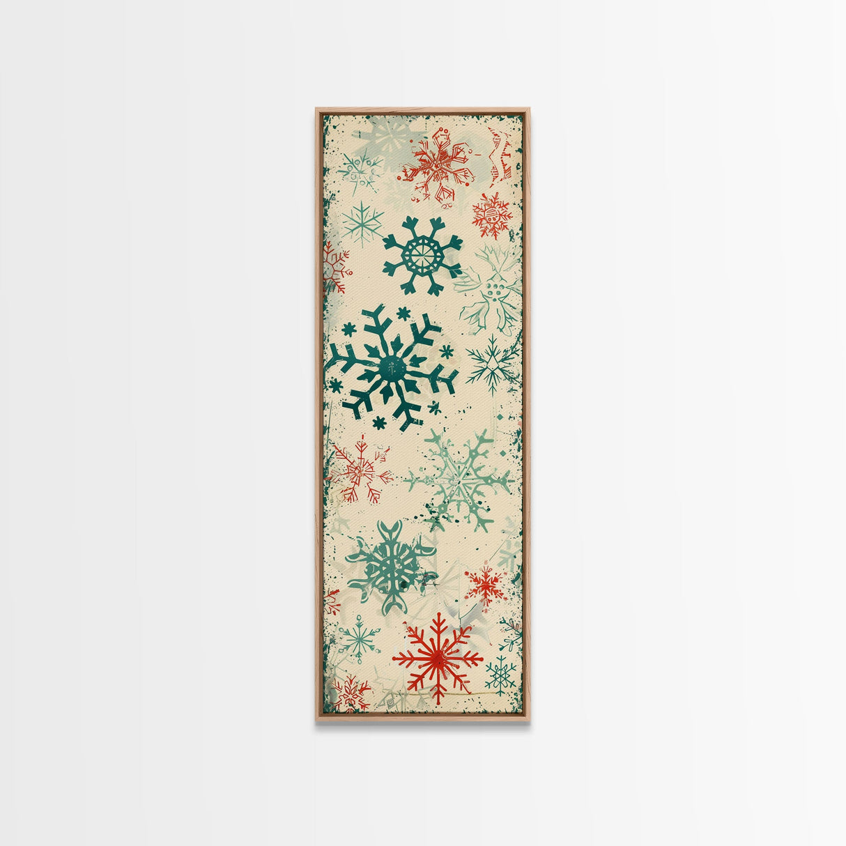Snowflakes in Varied Sizes and Shapes Scattered on a Beige Canvas with a Distressed Texture Ukiyo-e Art Japanese Framed Canvas Print Skinny Tall Art