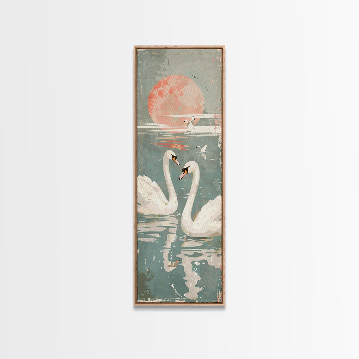 Graceful Swans With Peaceful Lake And Reflecting Sun Ukiyo-e Wood Block Skinny Tall Japanese Style Art Framed Canvas Print