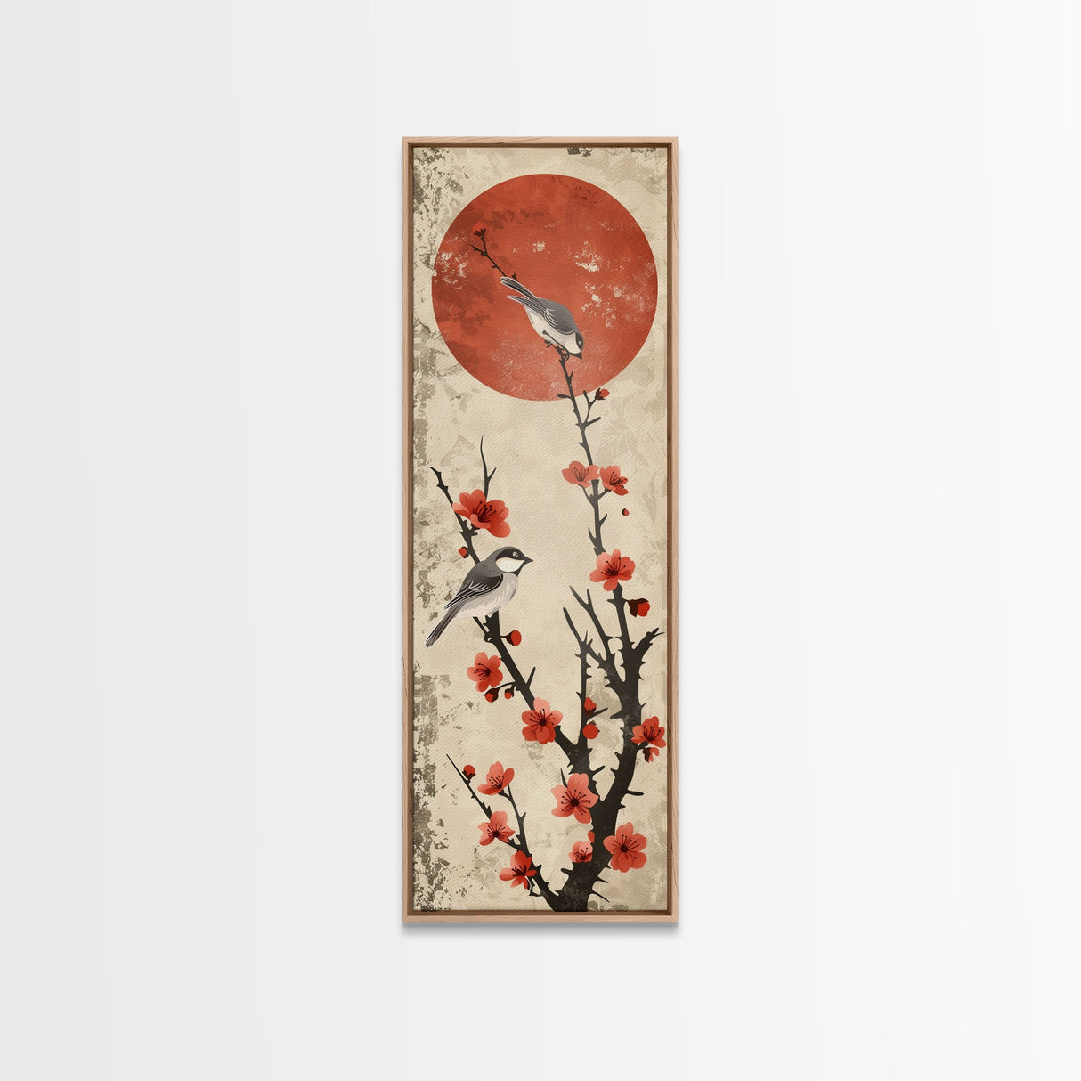Delicate Birds Perched On Blooming Branch With Red Sun For Traditional Japanese Wall Art Decor Ukiyo-e Style Framed Canvas Print