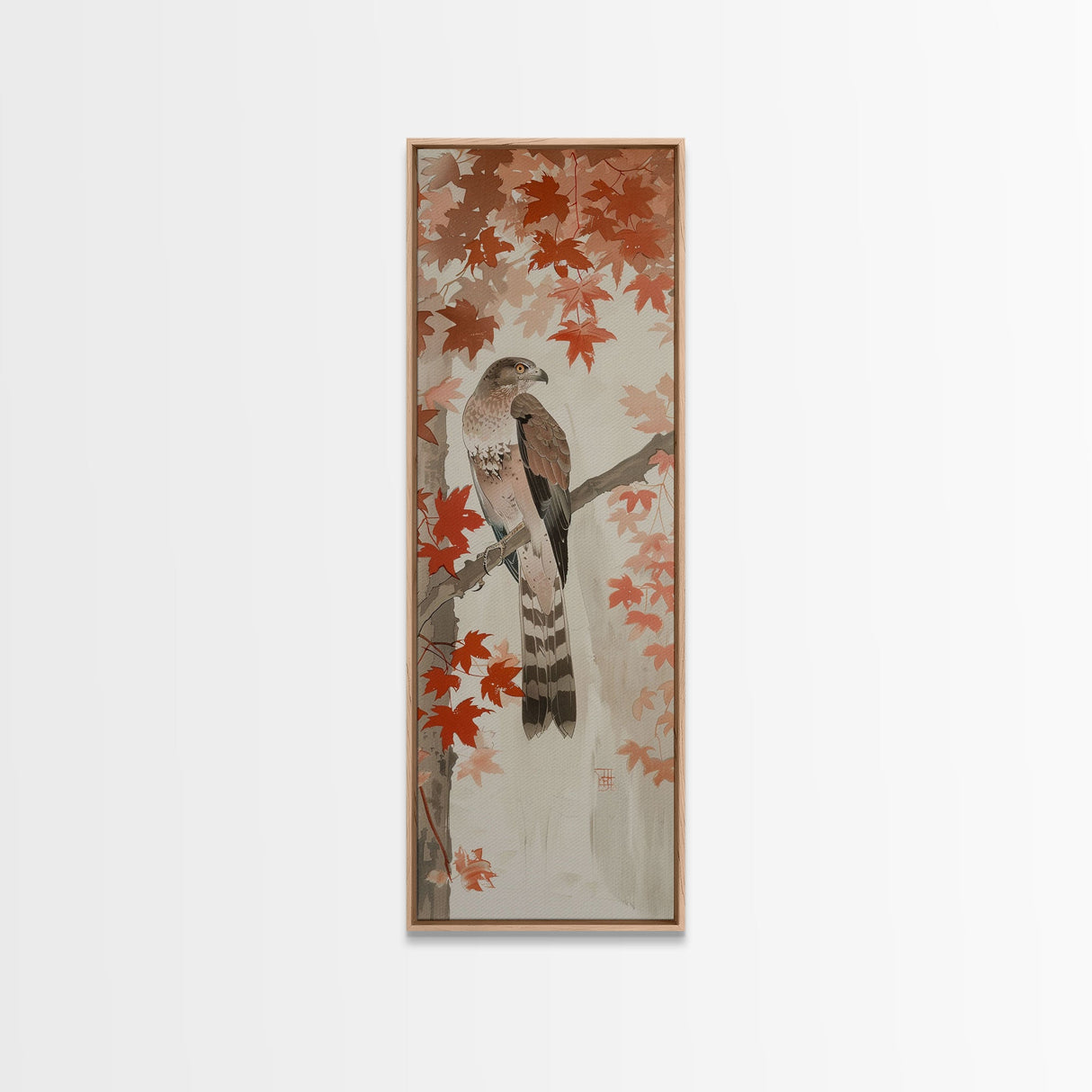 Majestic Hawk Perched Among Autumn Leaves, Framed Canvas Print In Skinny Tall Style, Japanese Style Art For Feng Shui Wall Art