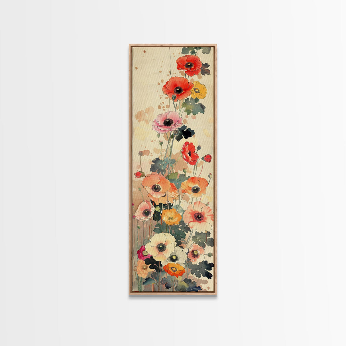 Tall Skinny Art Japanese Style Wood Block Print Colorful Poppy Flowers On A Neutral Background For Framed Canvas Print In Ukiyo-e Style