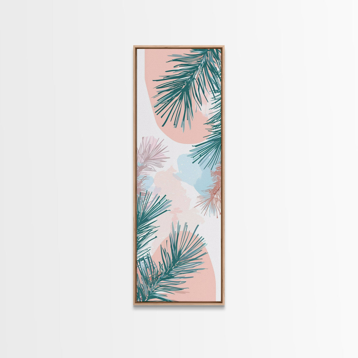 Elegant Pine Branches on Soft Pastel Background - Skinny Art, Japanese Wall Decor, Framed Canvas Print, Ukiyo-e Style