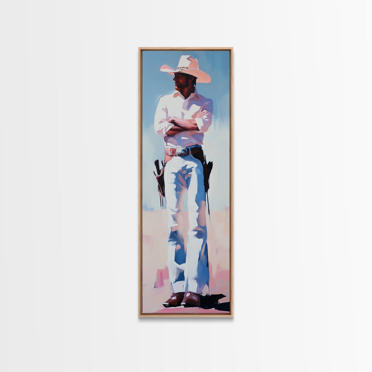 Western Cowboy in White Framed Canvas Print, Rustic Wall Art, Moody Art, Southwest Wall Art, Vintage Horse Art, Extra Wide Art