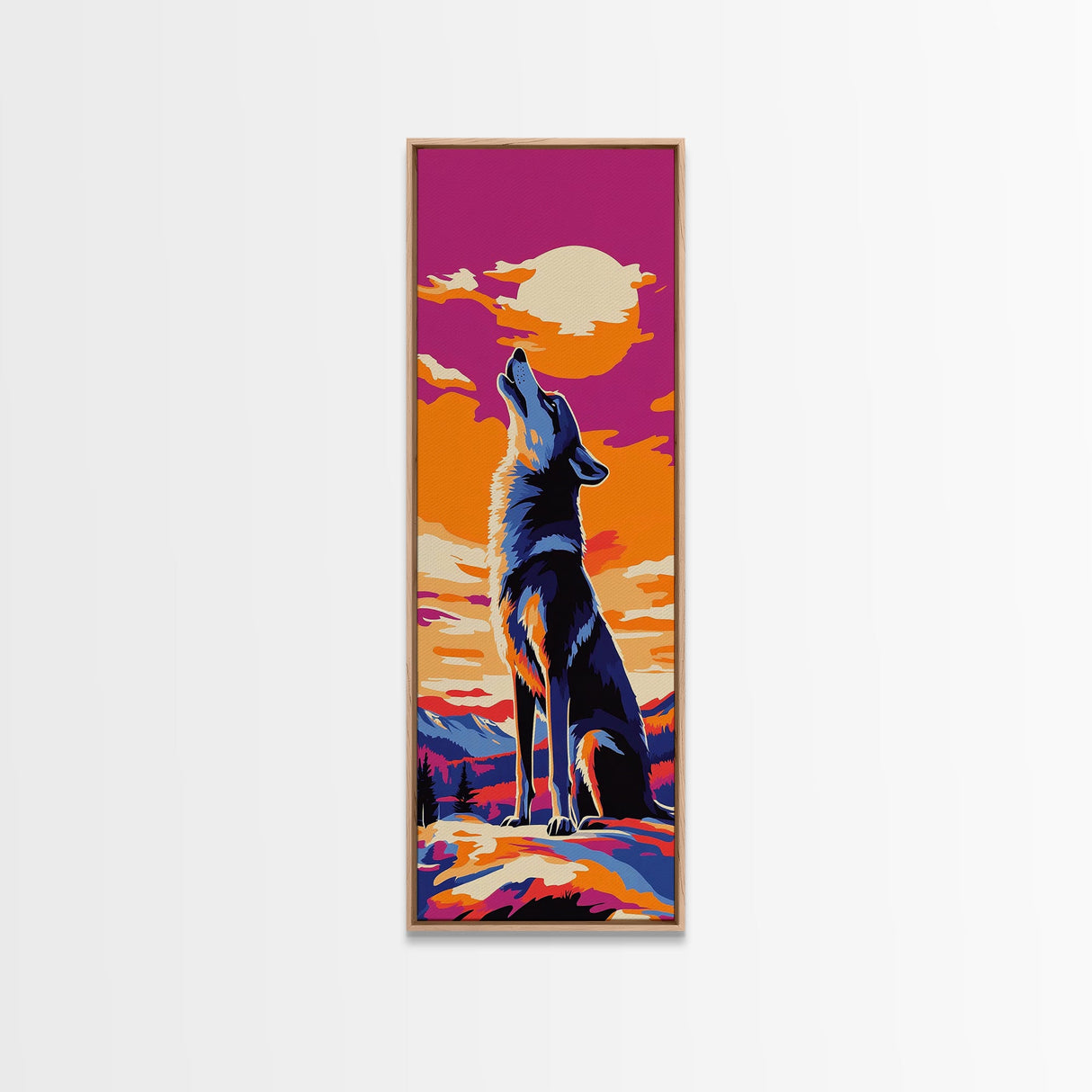 Sunset Wolf Silhouette Framed Canvas Print pink orange wall art, tall skinny art, extra wide art, landscape painting, colorful wildlife art, whimsical art, Joshua tree art, southwest wall art