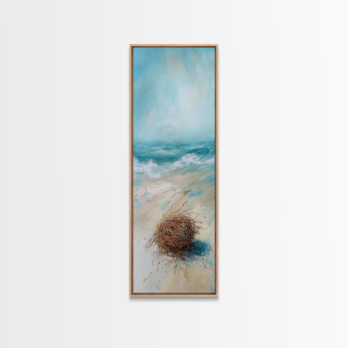 Serene Beach Nest Framed Canvas Print coastal landscape art wabi sabi wall art minimalist art nautical decor ocean painting seascape