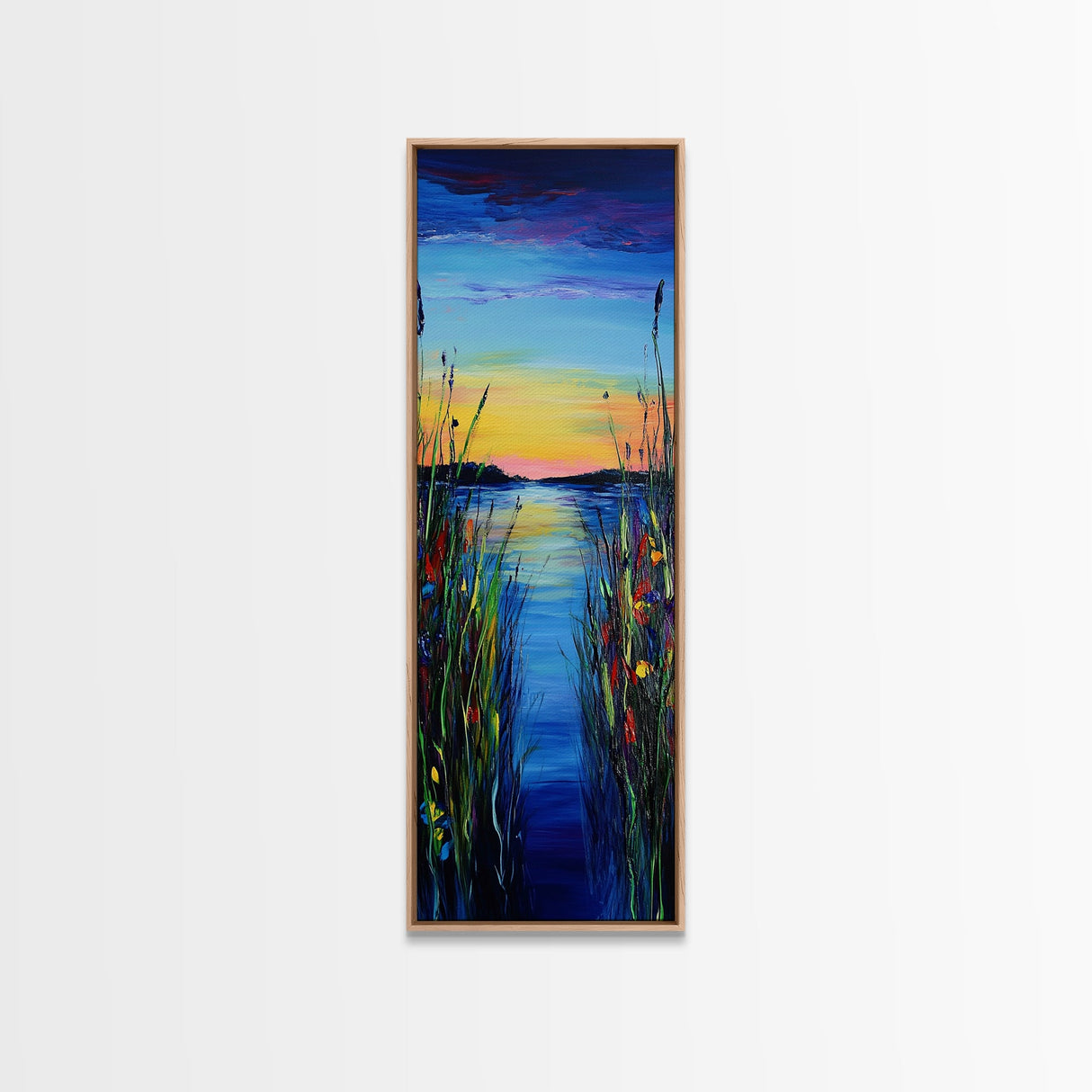 Vibrant Lake Reflection Framed Canvas Print lake Tahoe art landscape painting sunset over water coastal decor extra wide wall art