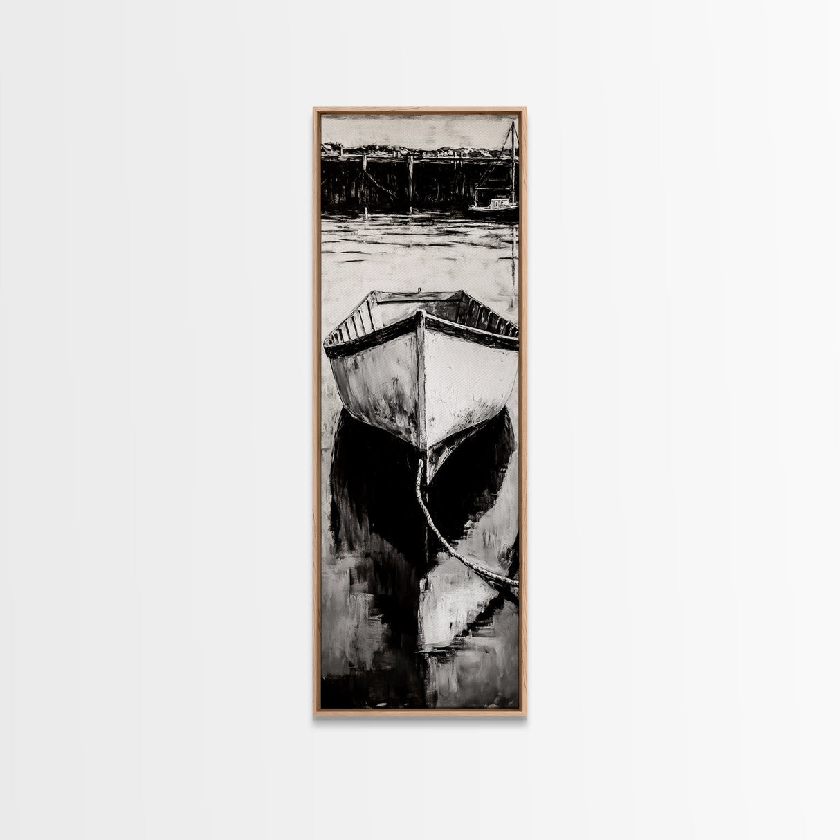 Monochrome Boat Reflection Framed Canvas Print nautical painting moody art coastal wall art nautical wall art gift idea for him