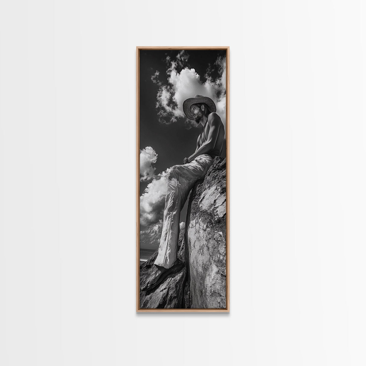 Bohemian Man, Clifftop Reflection, Framed Canvas Print, Coastal Cowgirl Wall Art, Rustic Décor, Boho Art, Minimalist Art