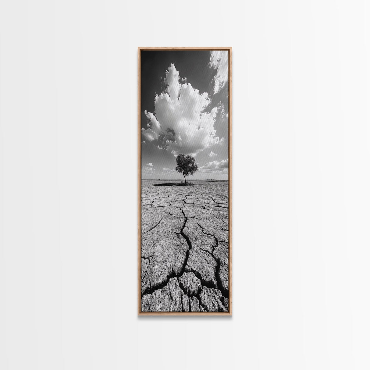 Lone Tree, Cracked Earth, Framed Canvas Print, wabi sabi art, moody art, landscape painting, above bed wall art,minimalist art, extra wide art