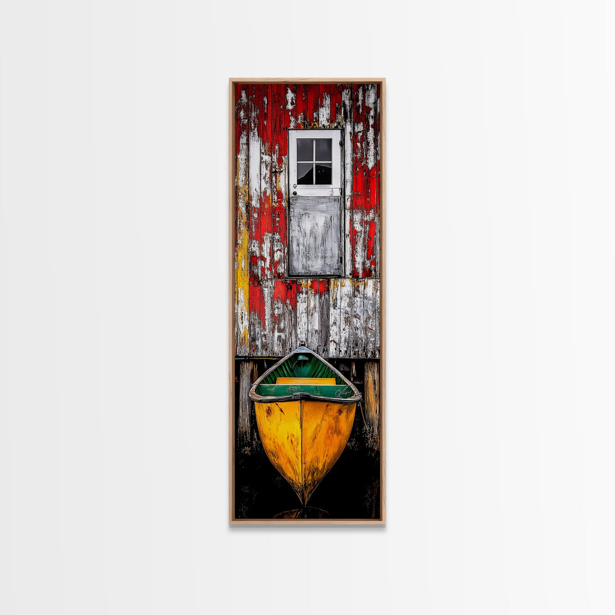 Rustic Barn Boat Reflection Painting Framed Canvas Print | Nautical Wall Art | Rustic Decor | Coastal Painting | Maine Oil Painting