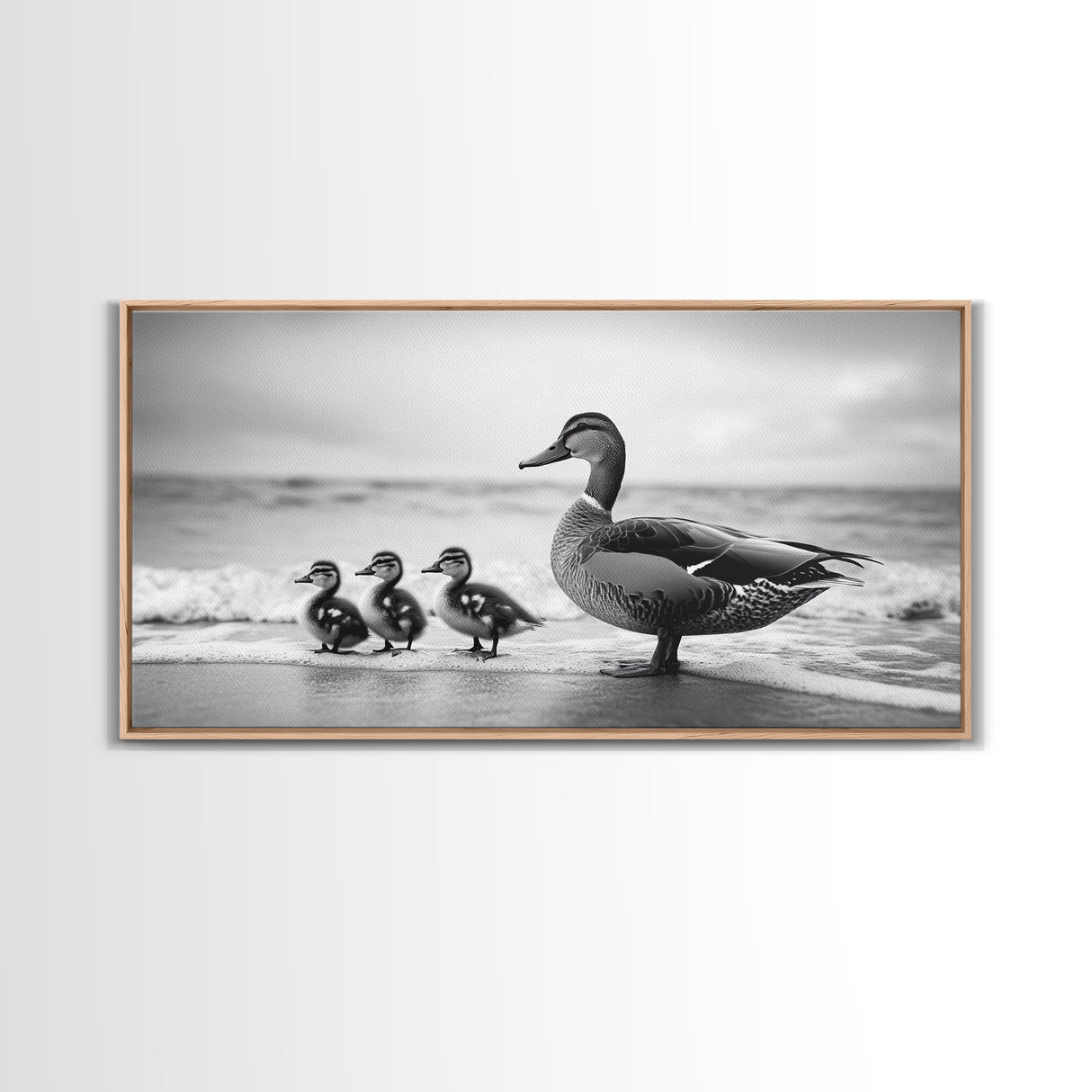 Duck family, bird art, whimsical art, coastal decor, nature painting, extra wide art, panoramic art, above couch art, framed canvas print