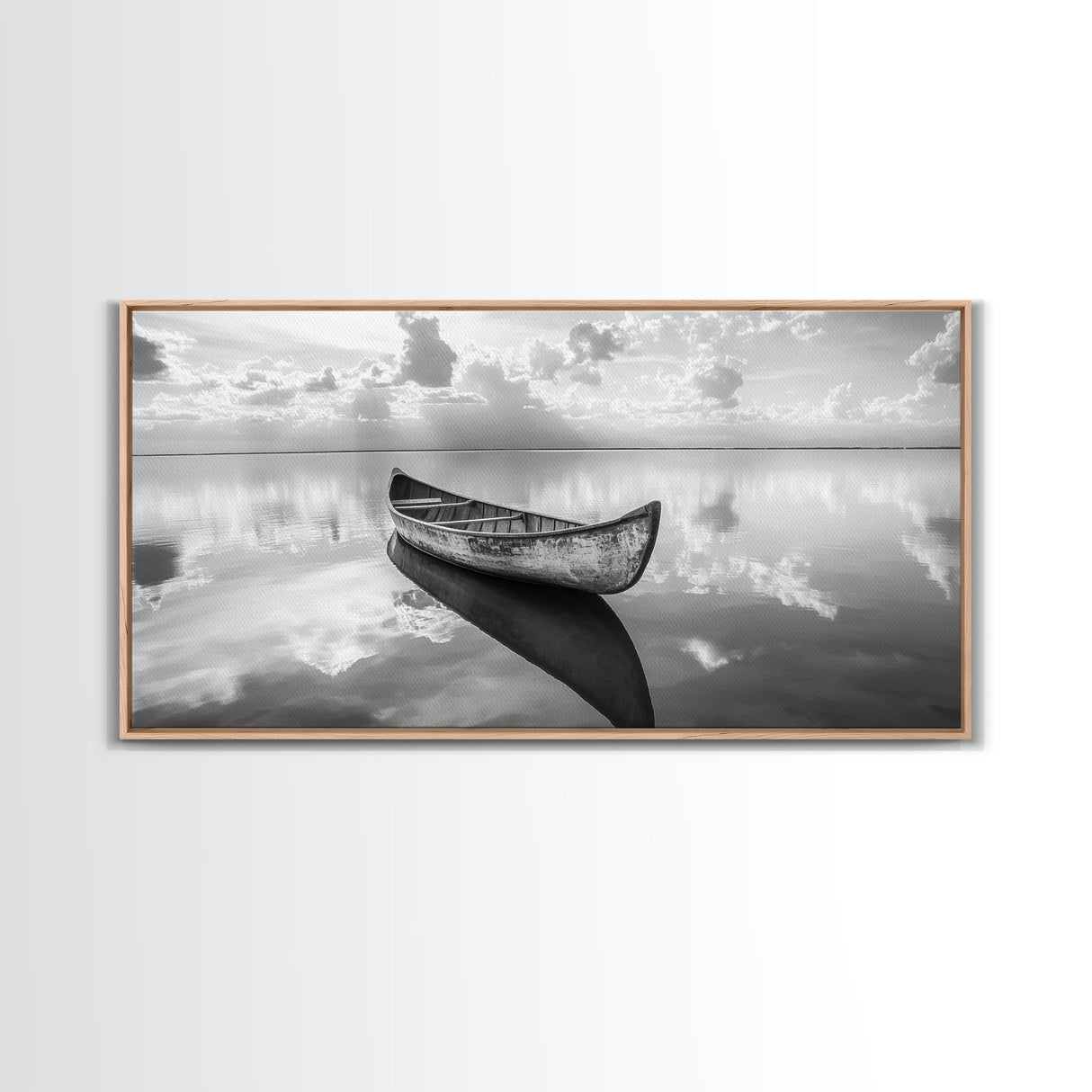 Tranquil Canoe Reflection, lake Tahoe art, nautical decor, seascape painting, coastal landscape art, panoramic painting, framed canvas print