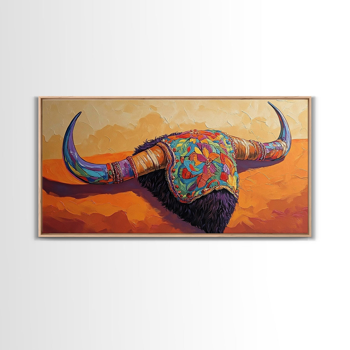 Vibrant Bull Skull, southwest wall art, rustic decor, boho art, moody art, unique gift idea, bright bold painting, framed canvas print