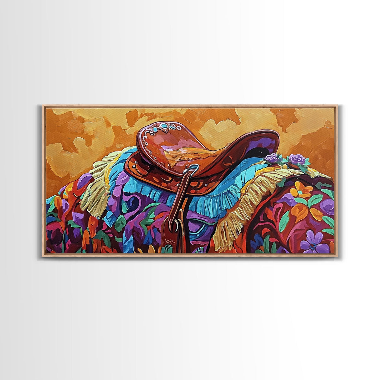 Western Saddle, cowboy art, rustic western decor, saddle painting, framed canvas print, boho art, extra wide art, gift idea him