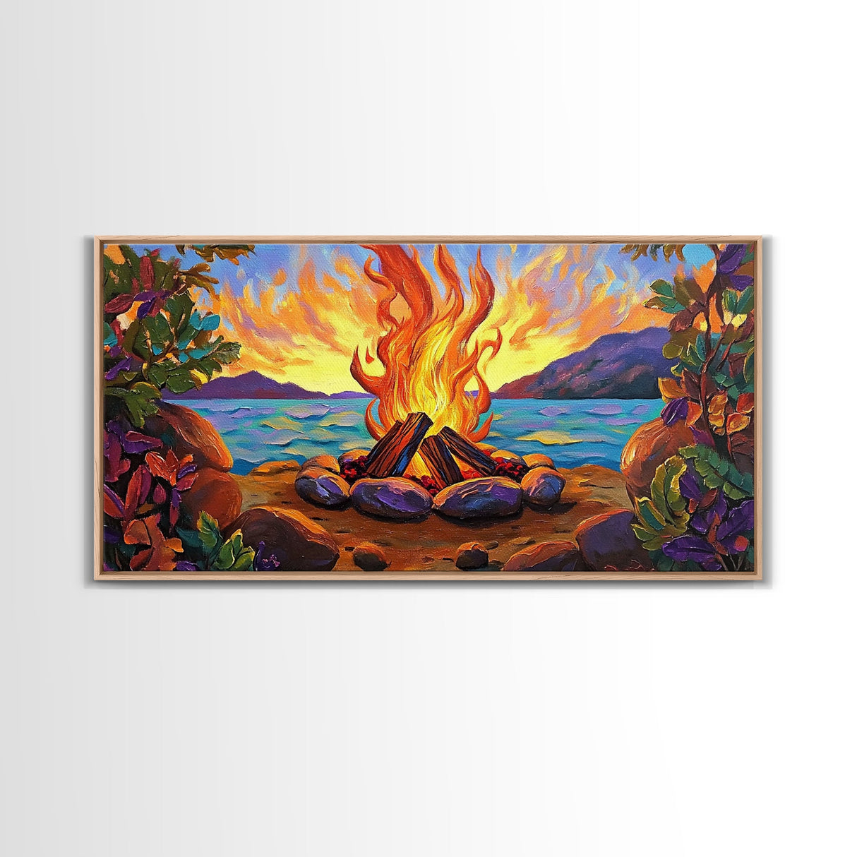 Campfire by Lake, bonfire painting, rustic wall art, mountain painting, framed canvas print, above sofa art, cozy night decor