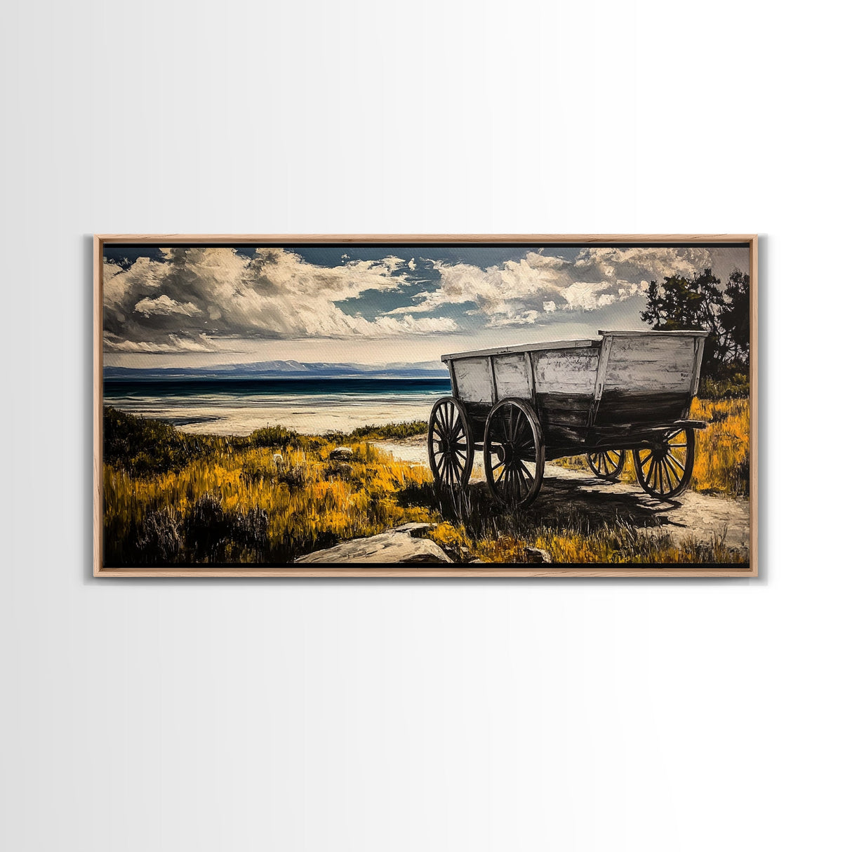 Seaside Wagon, coastal decor, nautical wall art, Maine oil painting, rustic wall art, landscape painting, extra wide art, framed canvas print
