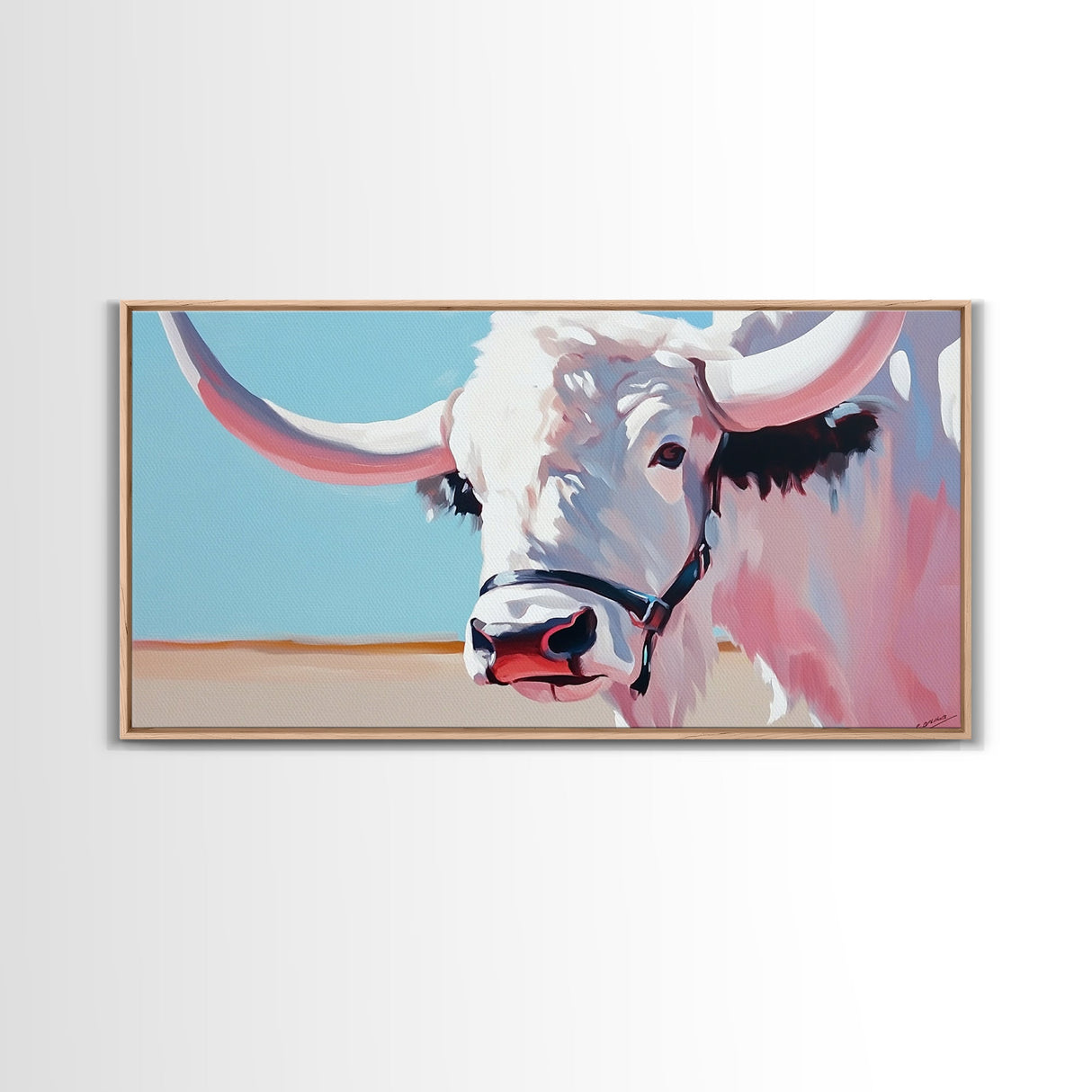 Longhorn Cow Portrait, Rustic Farmhouse Wall Art, Southwest Decor, Western Painting, Framed Canvas Print, Country Living Gift Idea