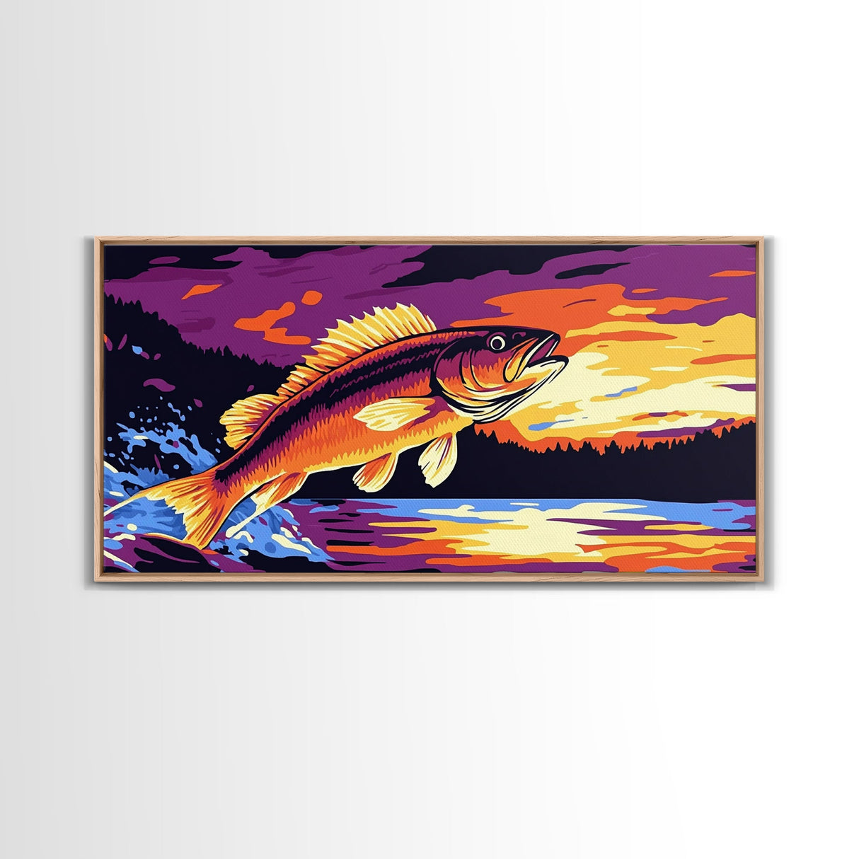 Jumping Bass, Fly Fishing Art, Rustic Decor, Horizontal Wall Art, Landscape Painting, Framed Canvas Print, Above Couch Art, Nautical Decor