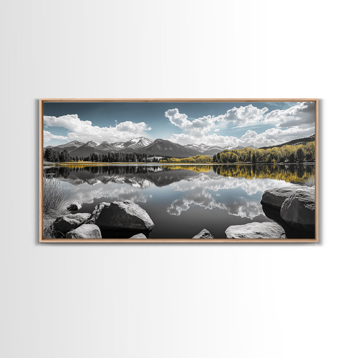 Majestic Lake Reflection Canvas Print Landscape Painting Mountain Painting Nature Wall Art Bedroom Art Extra Wide Panoramic Art