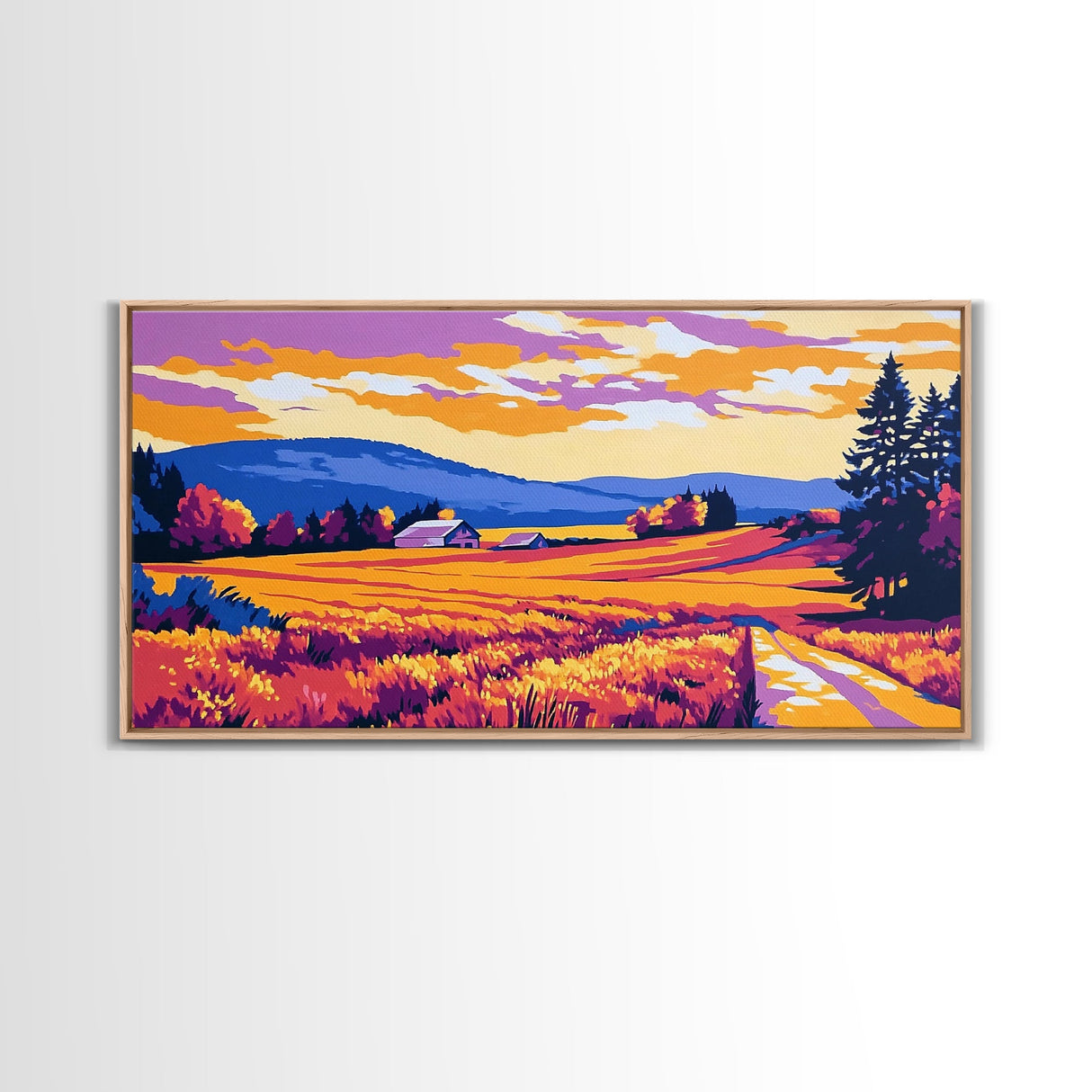 Mountain Landscape Art, pink orange wall art, sunset painting, extra wide art, panoramic art, landscape painting, canvas print