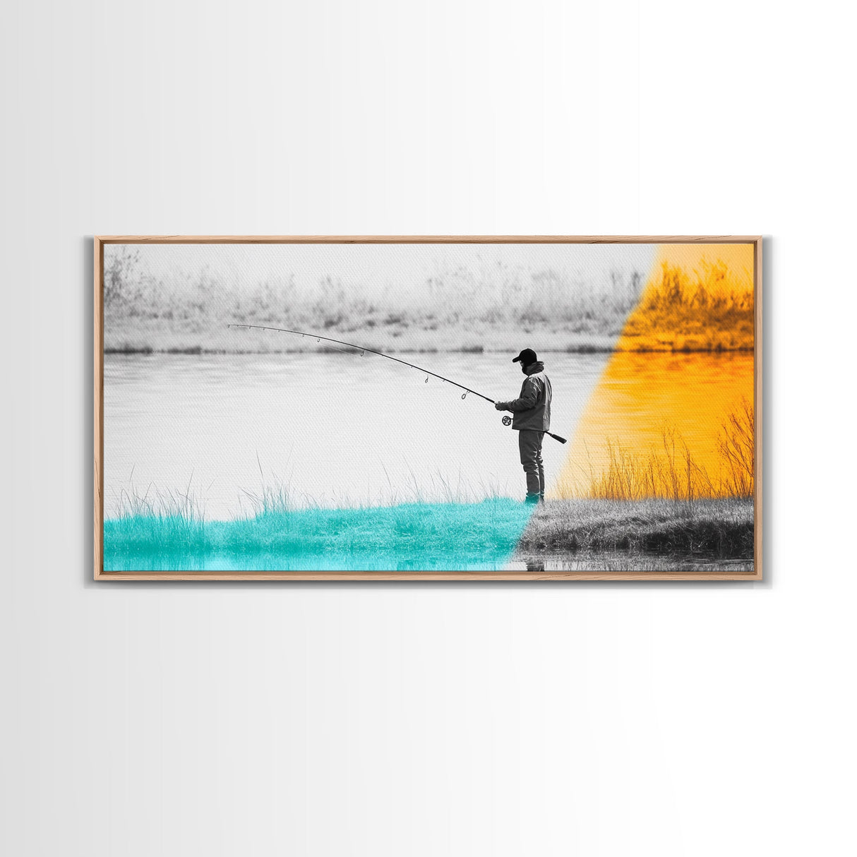 Fisherman at Twilight, fly fishing art, fisherman painting, moody art, nature wall art, rustic decor, panoramic painting, Canvas Print