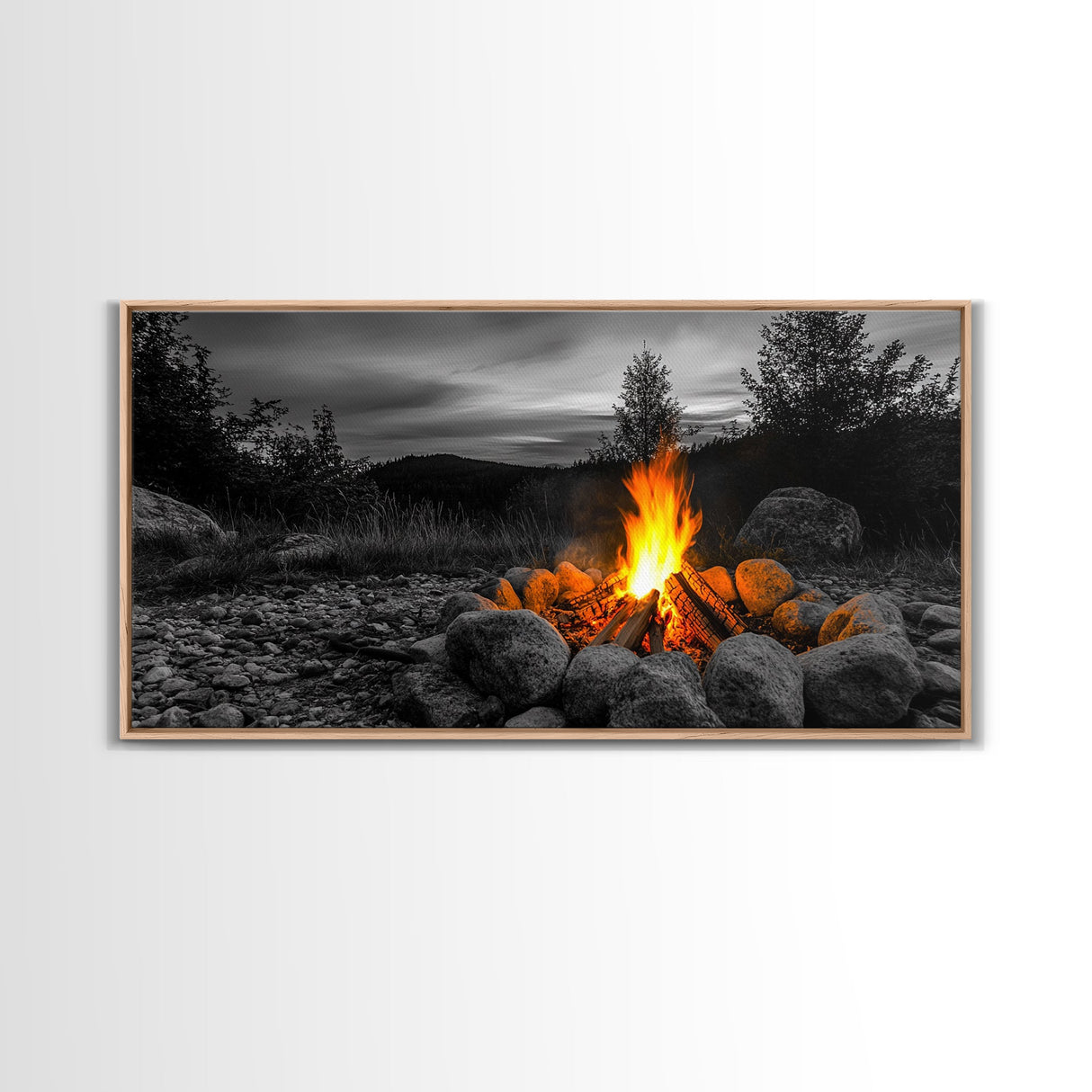 Rustic Campfire Art Framed Canvas Print | Moody Art | Cozy Cabin Wall Art | Above Couch Art | Warm Fireplace Decor | Gift Idea | Fall Wall Art